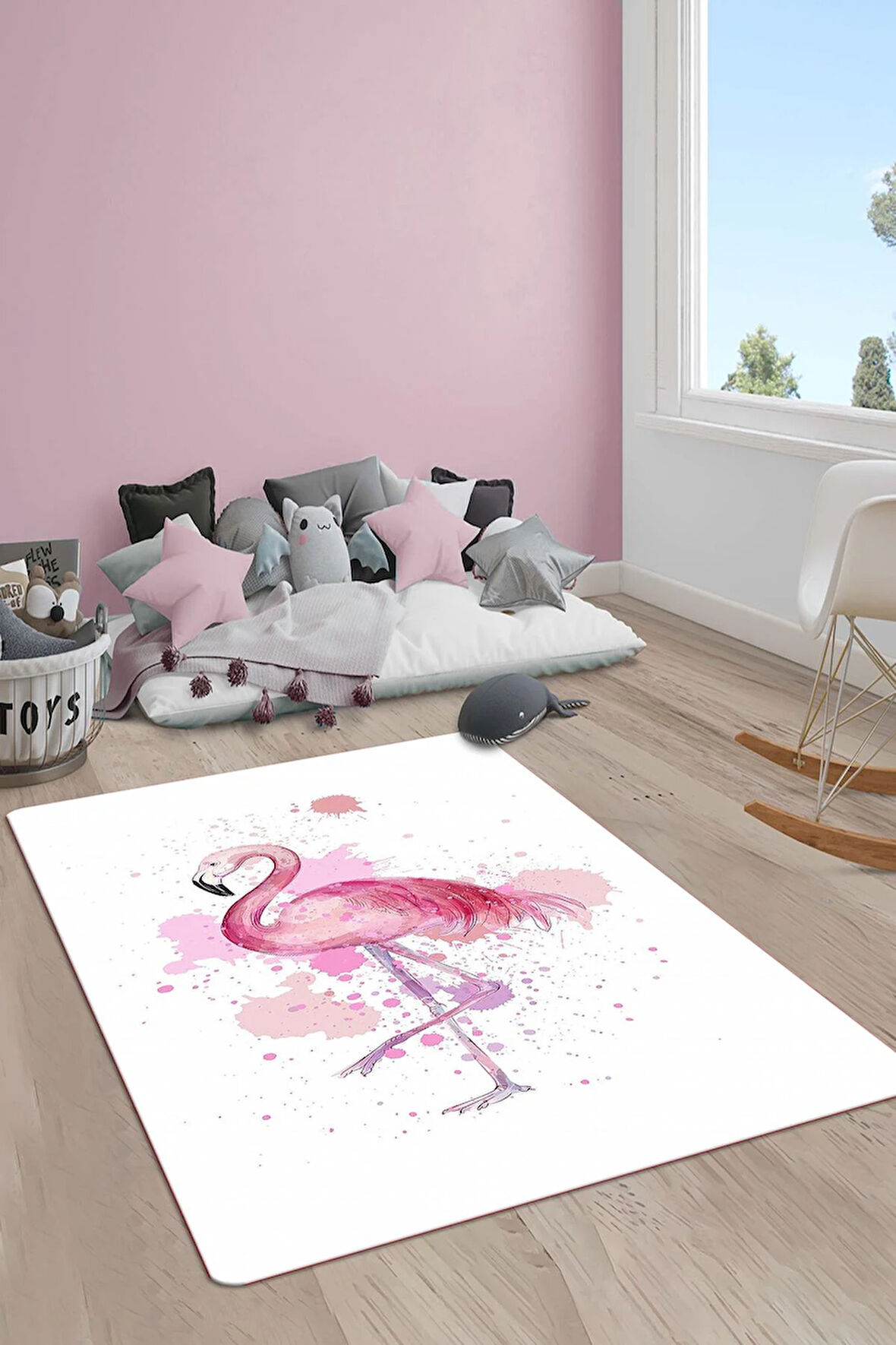 Kaymaz Taban Makinede Yıkanabilir Dijital Baskı Flamingo Desenli Çocuk Odası Halısı Dot Taban Halı