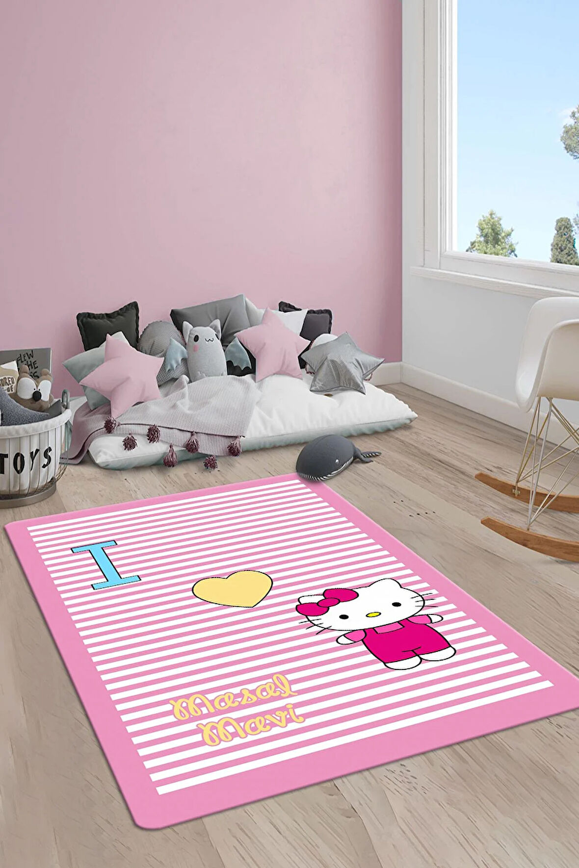 Kaymaz Taban Makinede Yıkanabilir Dijital Baskı Hello Kitty Desenli Çocuk Odası Halısı Dot Taban Halı