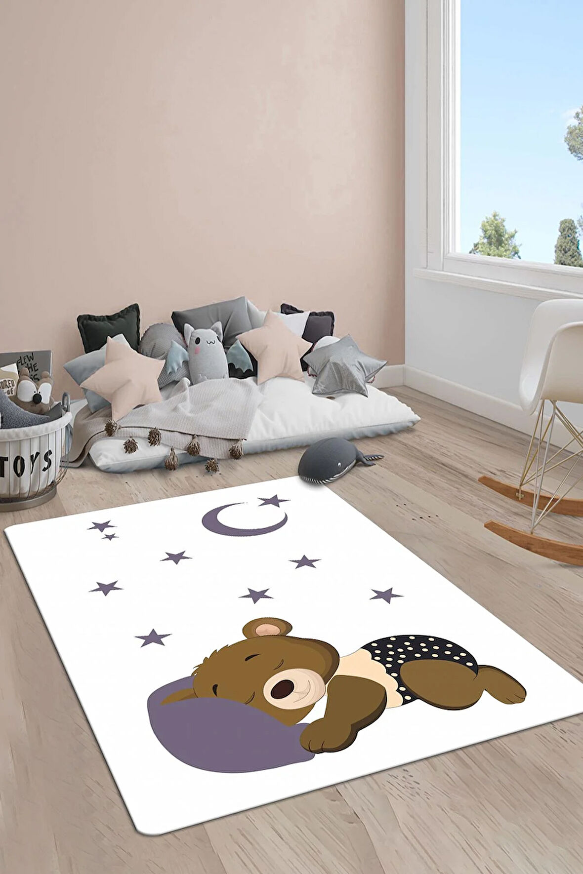 Kaymaz Taban Makinede Yıkanabilir Dijital Baskı Ayıcık Desenli Çocuk Odası Halısı Dot Taban Halı