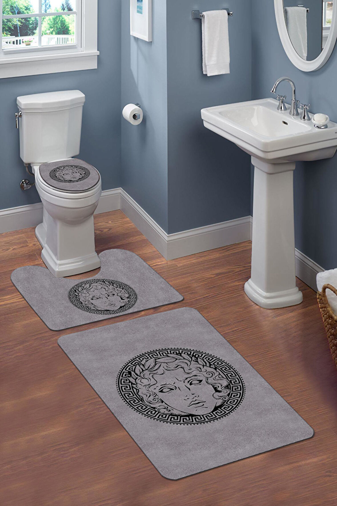 Yıkanabilir Kaymaz Tabanlı Modern Desenli 3'lü Klozet Takımı Banyo Paspas Seti APL02