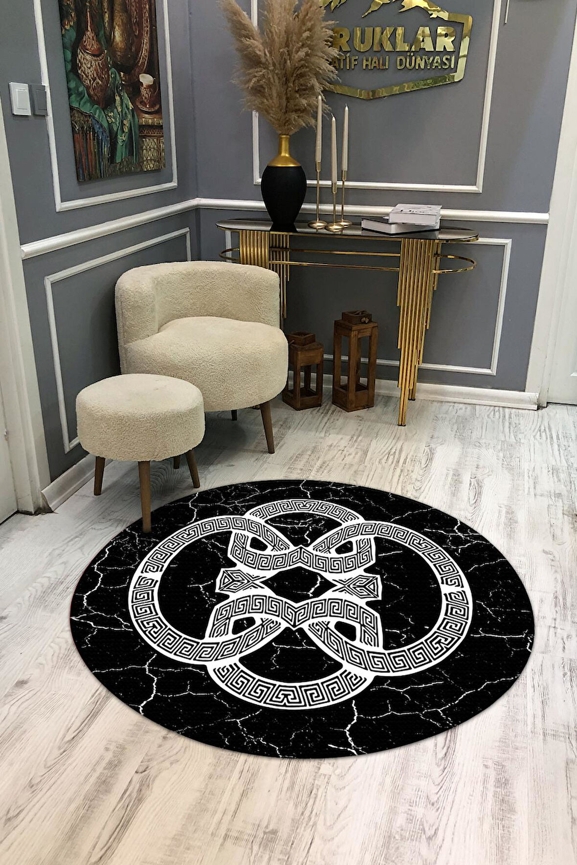 Kaymaz Taban Yıkanabilir Dijital Baskı Dekoratif Modern Desenli Yuvarlak Dot Taban Halı
