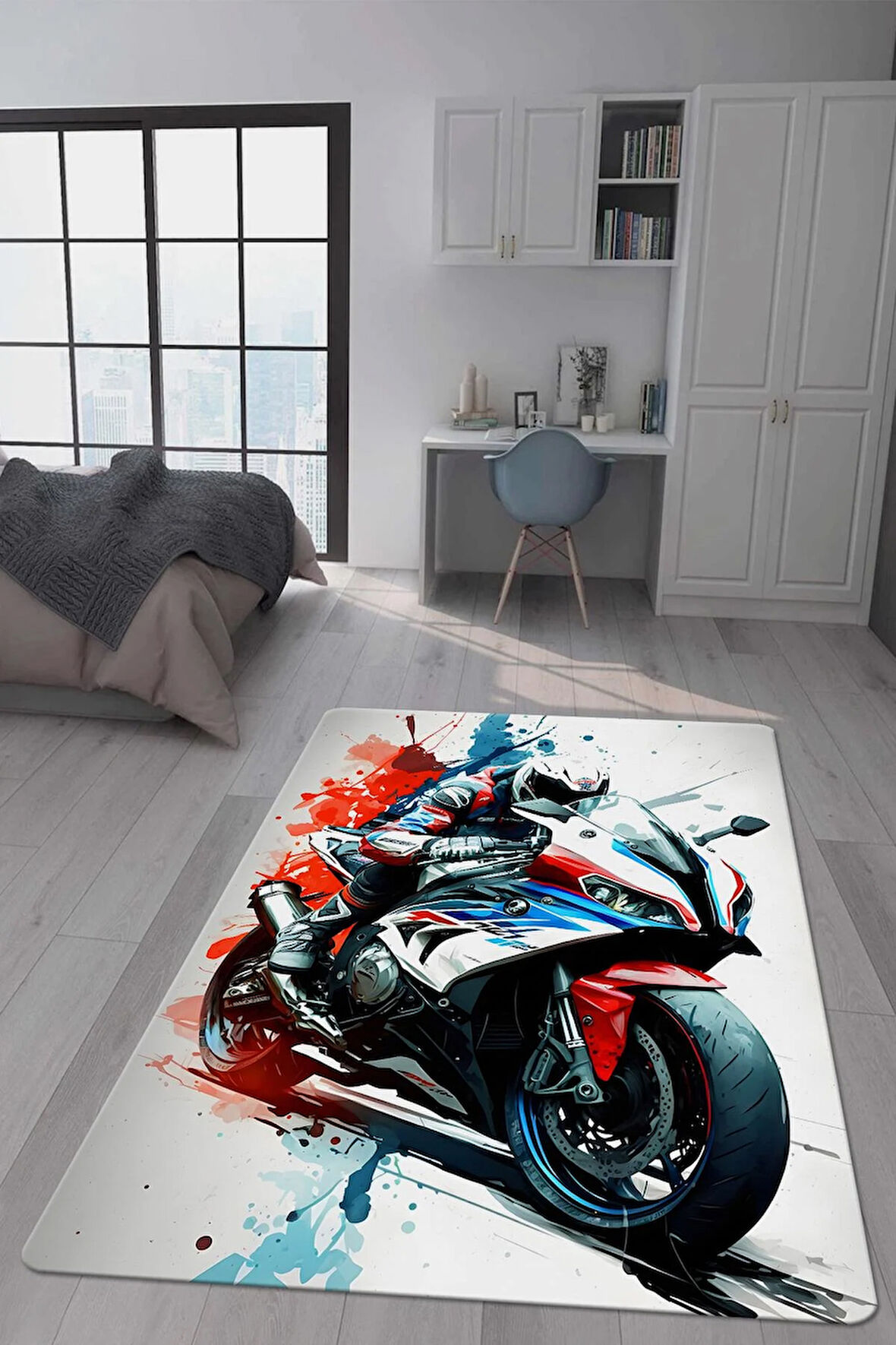 Kaymaz Taban Makinede Yıkanabilir Dijital Baskı Motor Desenli Genç Odası Halısı Dot Taban Halı Gnc06
