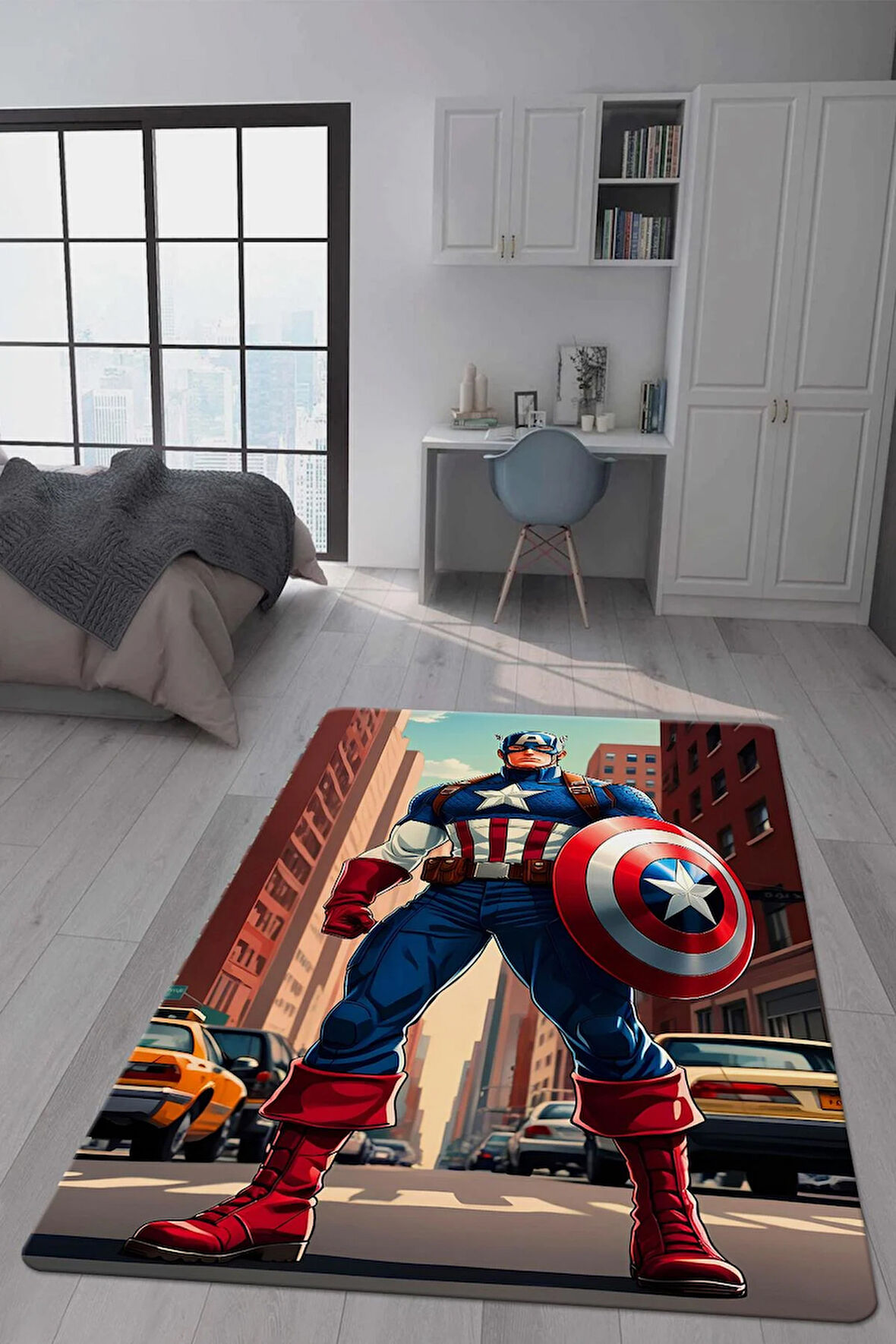 Kaymaz Taban Makinede Yıkanabilir Dijital Baskı Captan America Desenli Genç Odası Halısı Dot Taban Halı Gnc07