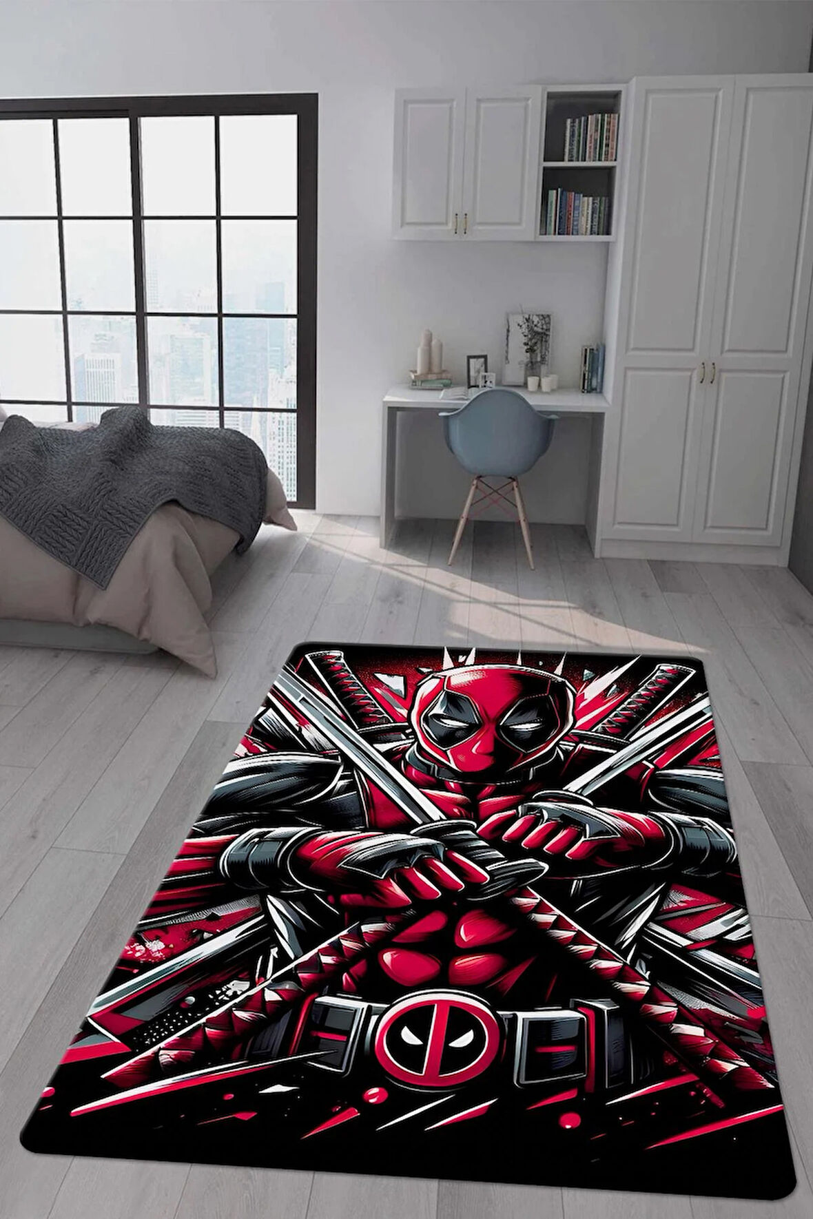 Kaymaz Taban Makinede Yıkanabilir Dijital Baskı Deadpool Desenli Genç Odası Halısı Dot Taban Halı Gnc08