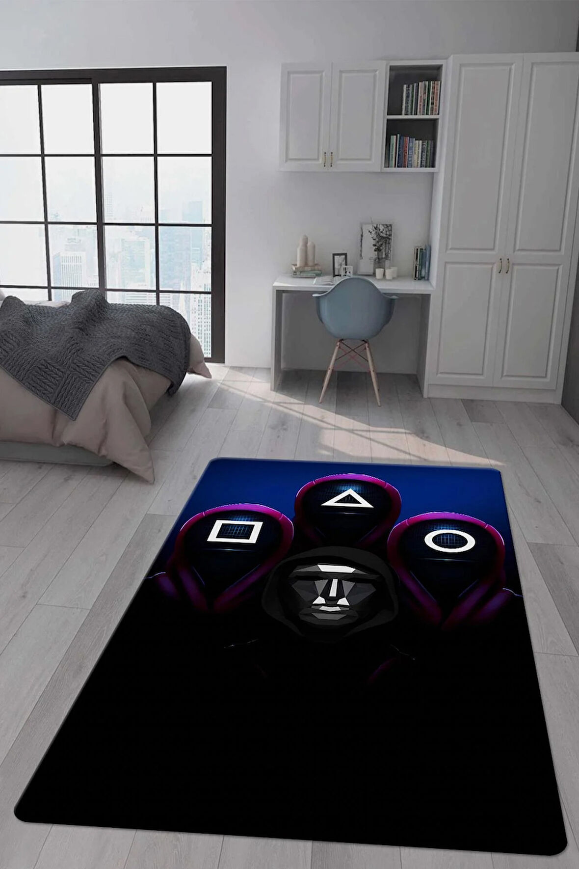 Kaymaz Taban Makinede Yıkanabilir Dijital Baskı Squid Game Desenli Genç Odası Halısı Dot Taban Halı Gnc14