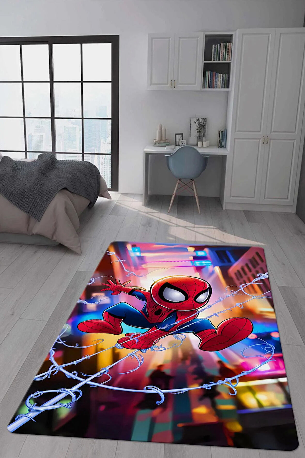 Kaymaz Taban Makinede Yıkanabilir Dijital Baskı Spiderman Desenli Genç Odası Halısı Dot Taban Halı Gnc18