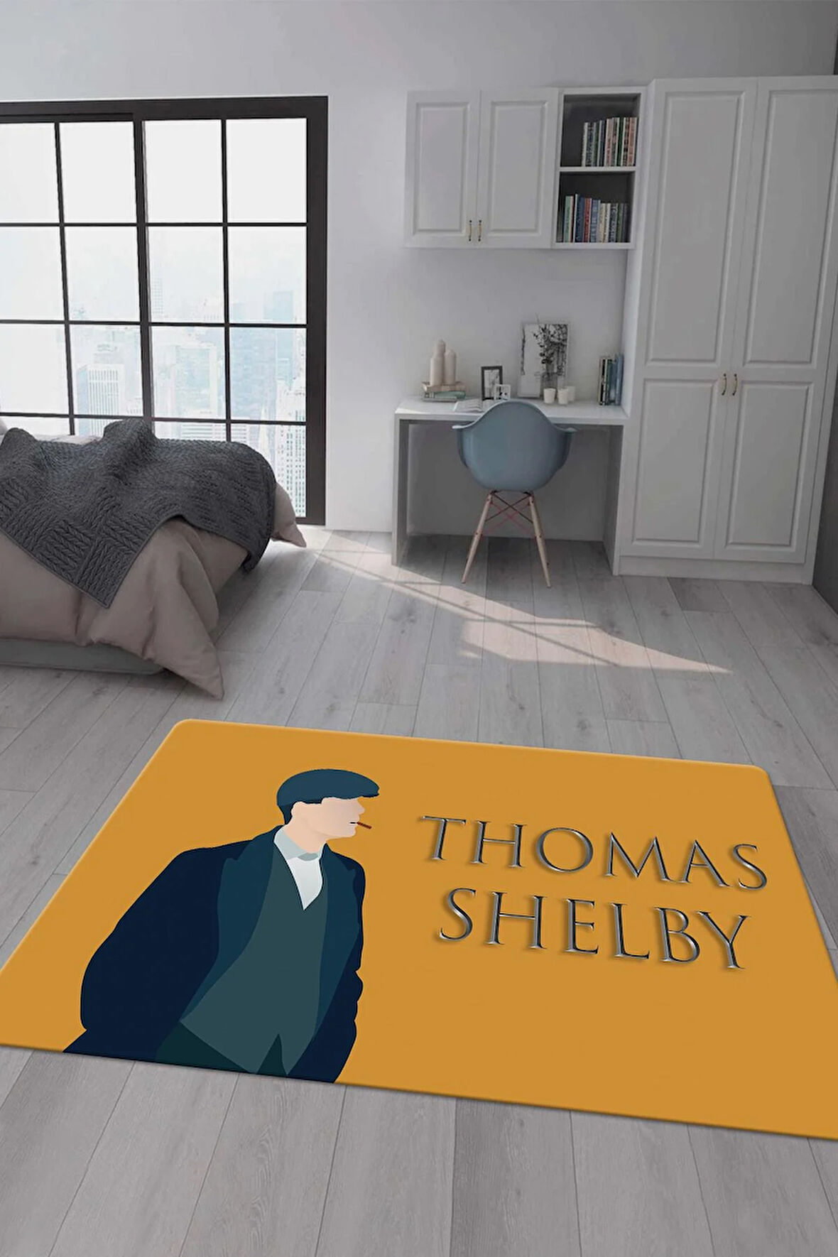 Kaymaz Taban Makinede Yıkanabilir Dijital Baskı Thomas Shelby Desenli Genç Odası Halısı Dot Taban Halı Gnc23