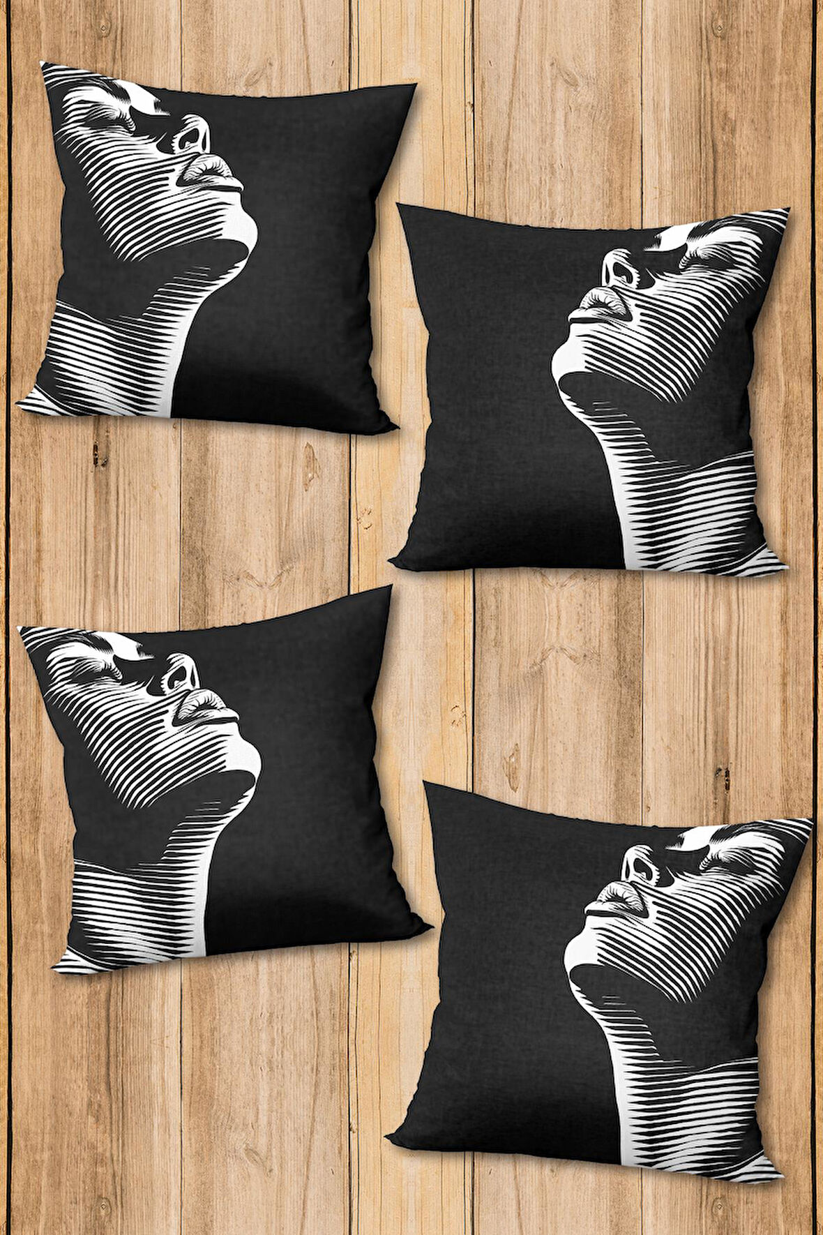 Çift Taraf Baskılı Parlak Kadife Kumaş  Modern Desen 4 adet Kırlent Kılıf Seti