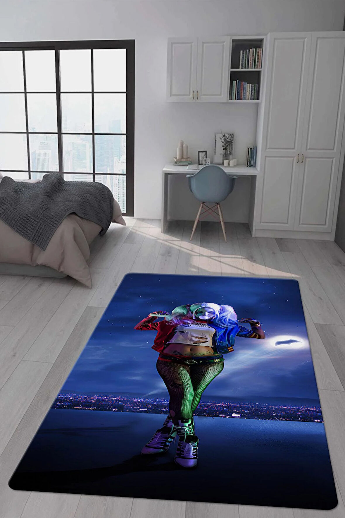 Kaymaz Taban Makinede Yıkanabilir Dijital Baskı Harley Quinn Desenli Genç Odası Halısı Dot Taban Halı Gnc42