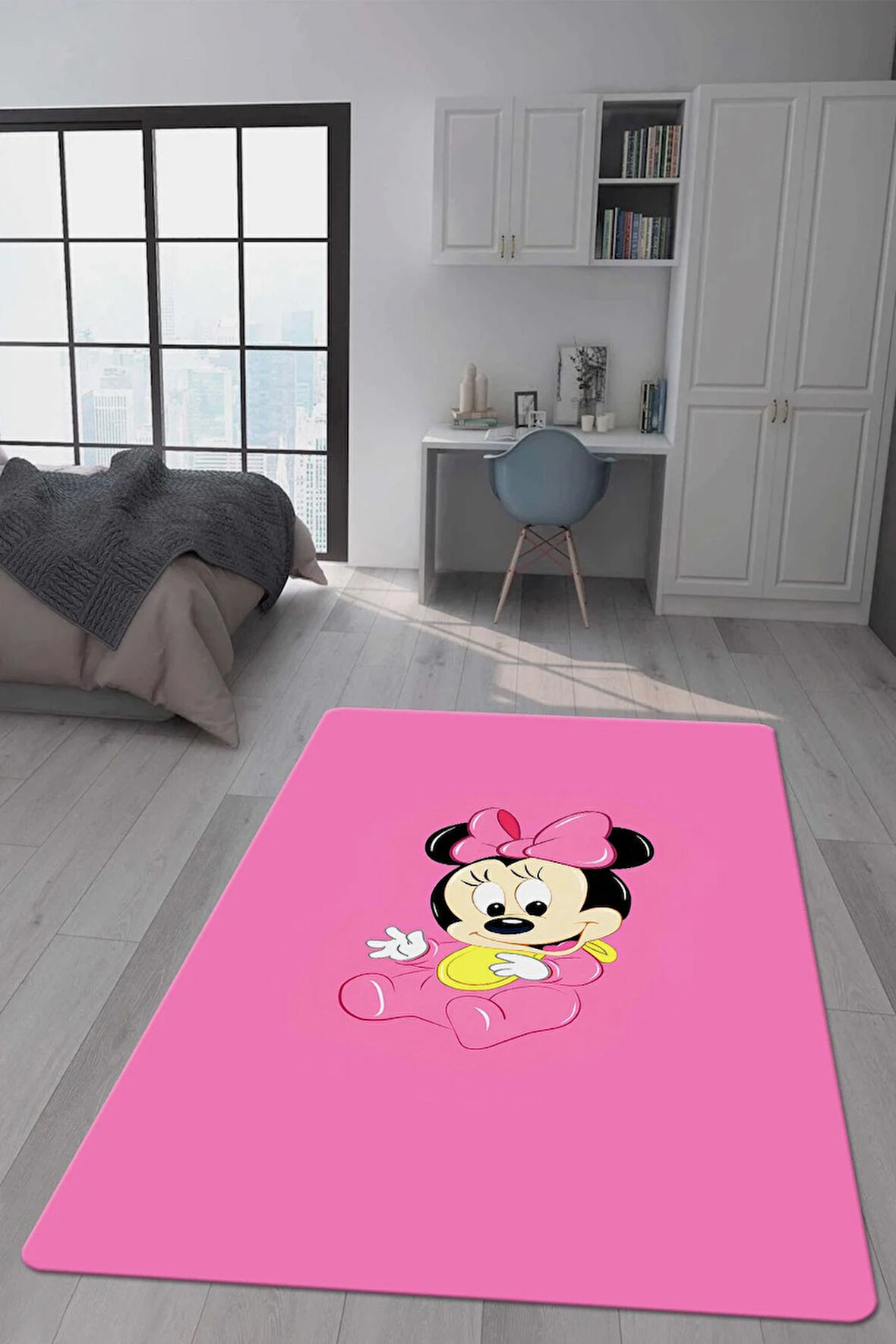 Kaymaz Taban Makinede Yıkanabilir Dijital Baskı Minnie Mouse Desenli Genç Odası Halısı Dot Taban Halı Gnc45