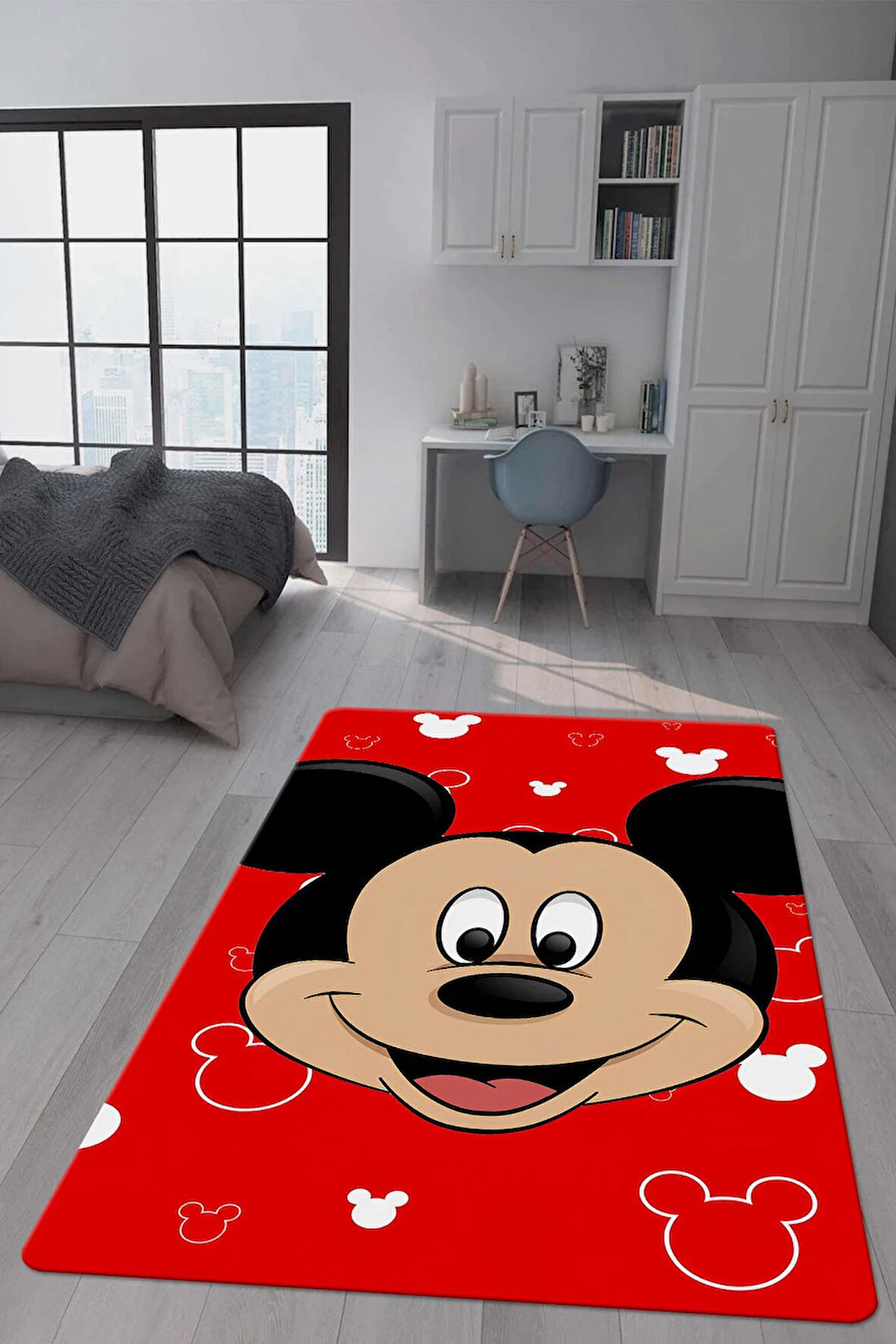 Kaymaz Taban Makinada Yıkanabilir Dijital Baskı Mickey Mouse Desenli Genç Odası Halısı Dot Taban Halı GNC47