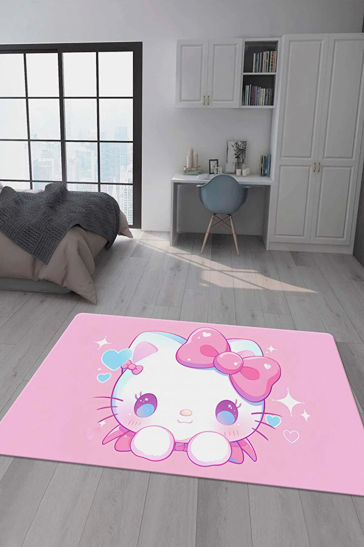Kaymaz Taban Makinada Yıkanabilir Dijital Baskı Hello Kitty Desenli Genç Odası Halısı Dot Taban Halı GNC69