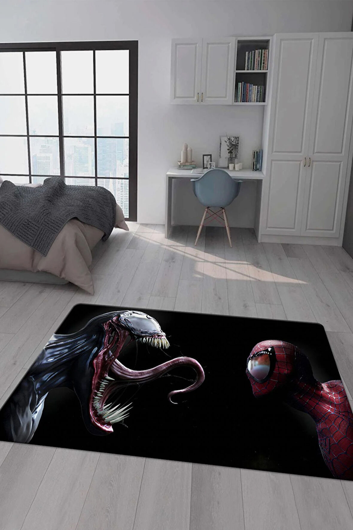 Kaymaz Taban Makinede Yıkanabilir Dijital Baskı Spiderman Venom Desenli Genç Odası Halısı Dot Taban Halı Gnc75