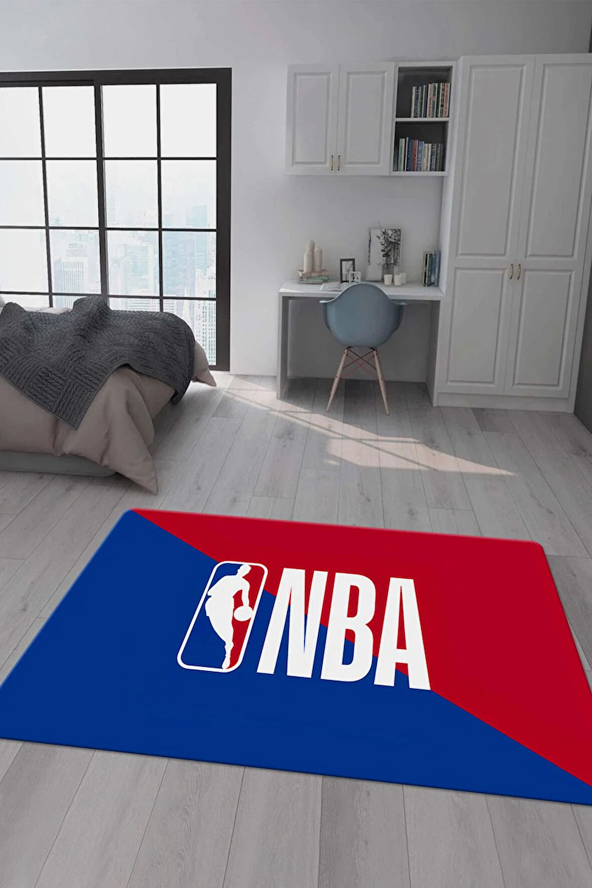 Kaymaz Taban Makinada Yıkanabilir Dijital Baskı NBA Desenli Genç Odası Halısı Dot Taban Halı GNC77