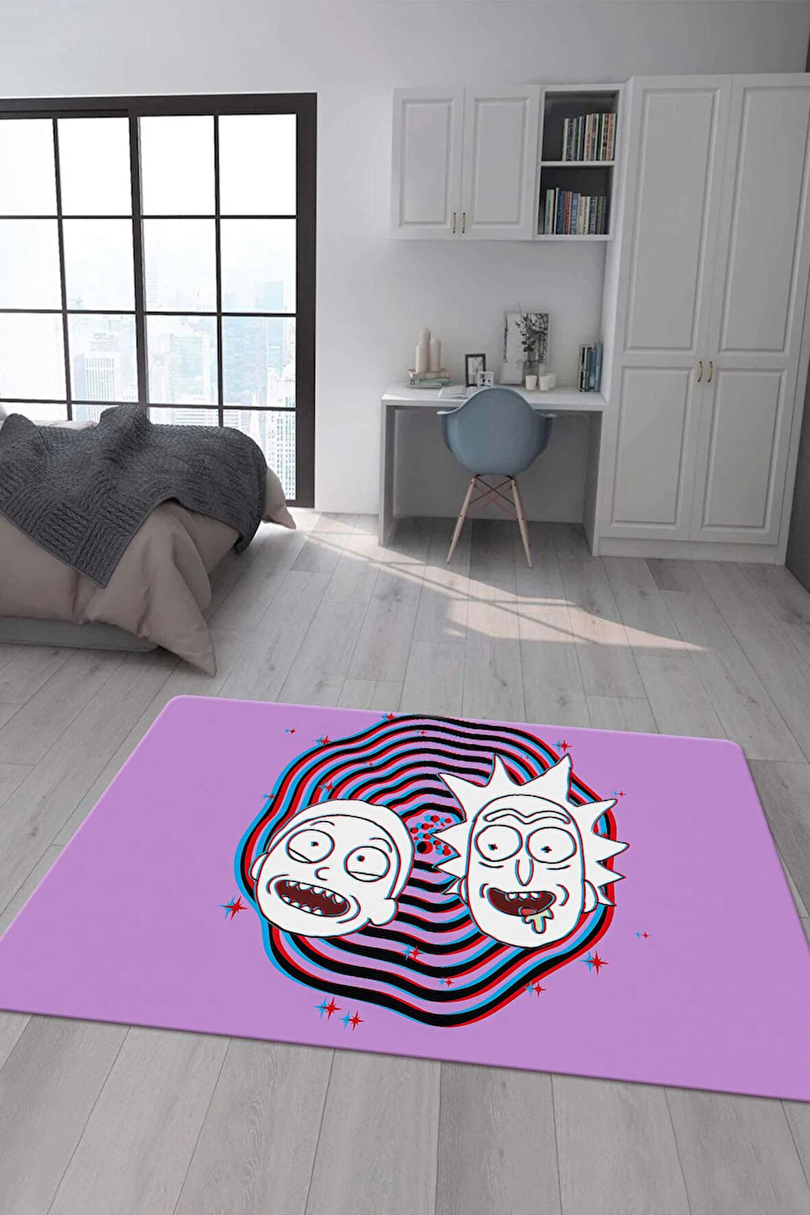 Kaymaz Taban Makinede Yıkanabilir Dijital Baskı Rick And Morty Desenli Çocuk Odası Halısı Dot Taban Halı Rm03