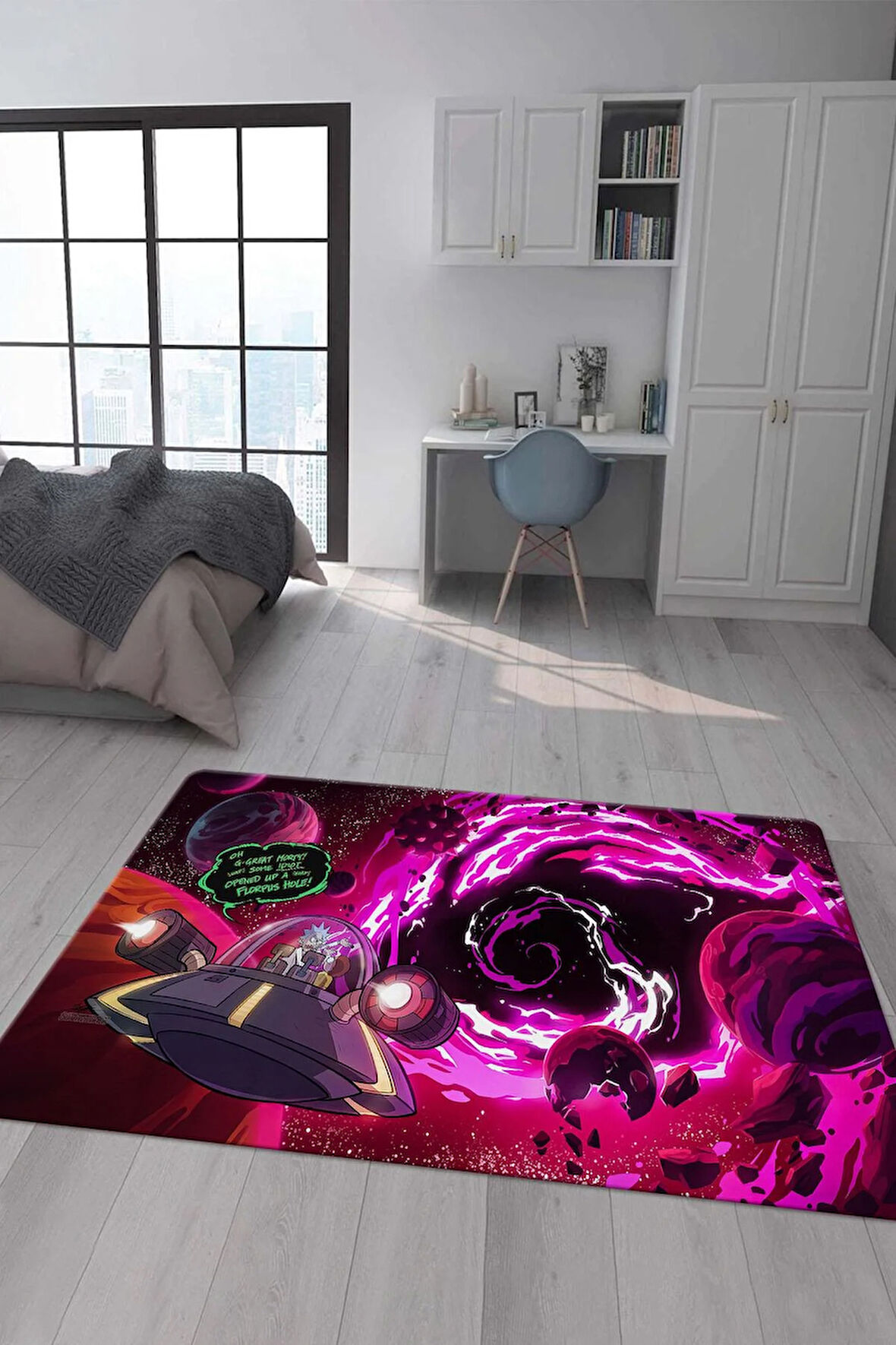 Kaymaz Taban Makinede Yıkanabilir Dijital Baskı Rick And Morty Desenli Çocuk Odası Halısı Dot Taban Halı Rm07