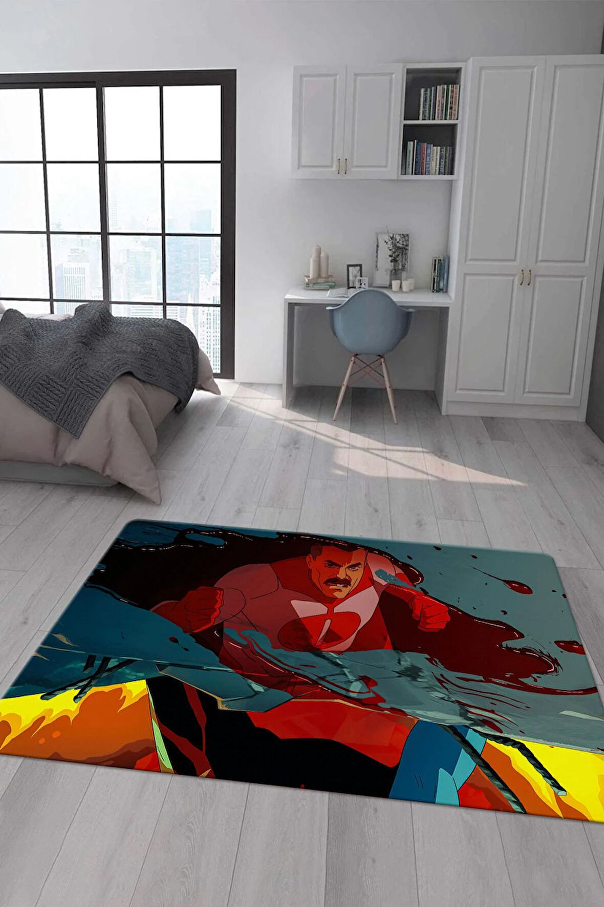 Kaymaz Taban Makinede Yıkanabilir Dijital Baskı Invincible Desenli Çocuk Odası Halısı Dot Taban Halı Ic05