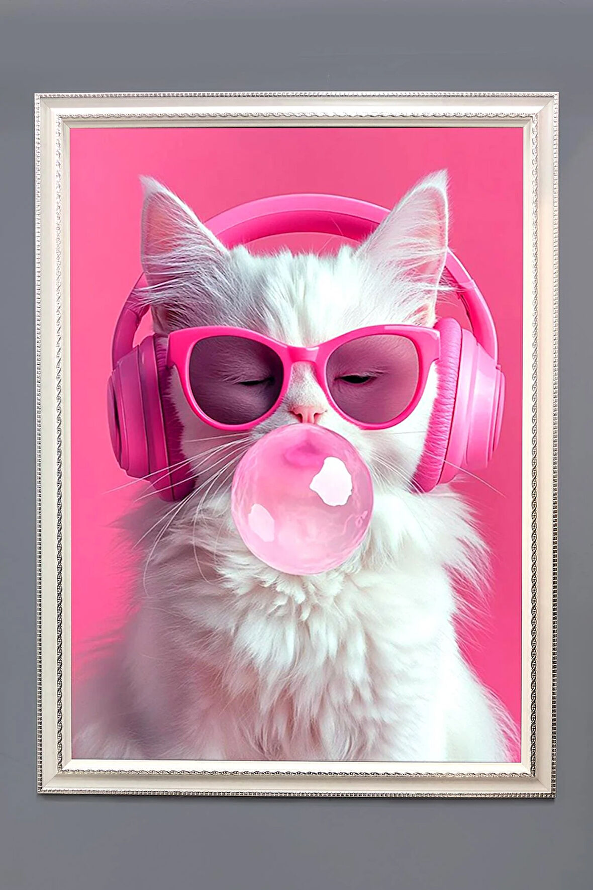 Dekoratif Modern Tatlı Kedi Desenli Çerçeveli Tablo Duvar Tablosu 50x70cm
