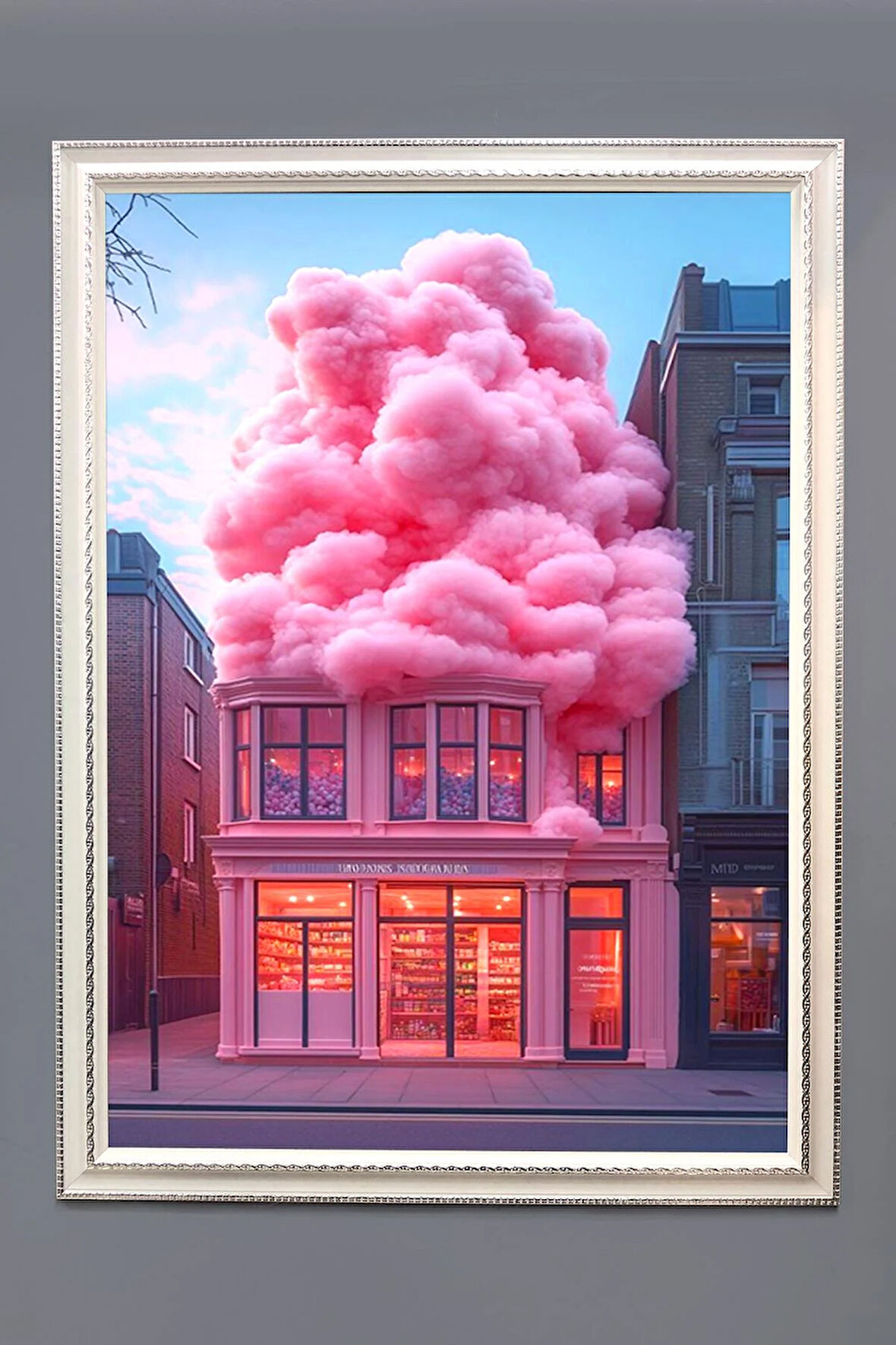 Dekoratif Modern Pembe Ev Bulut Desenli Çerçeveli Tablo Duvar Tablosu 50x70cm