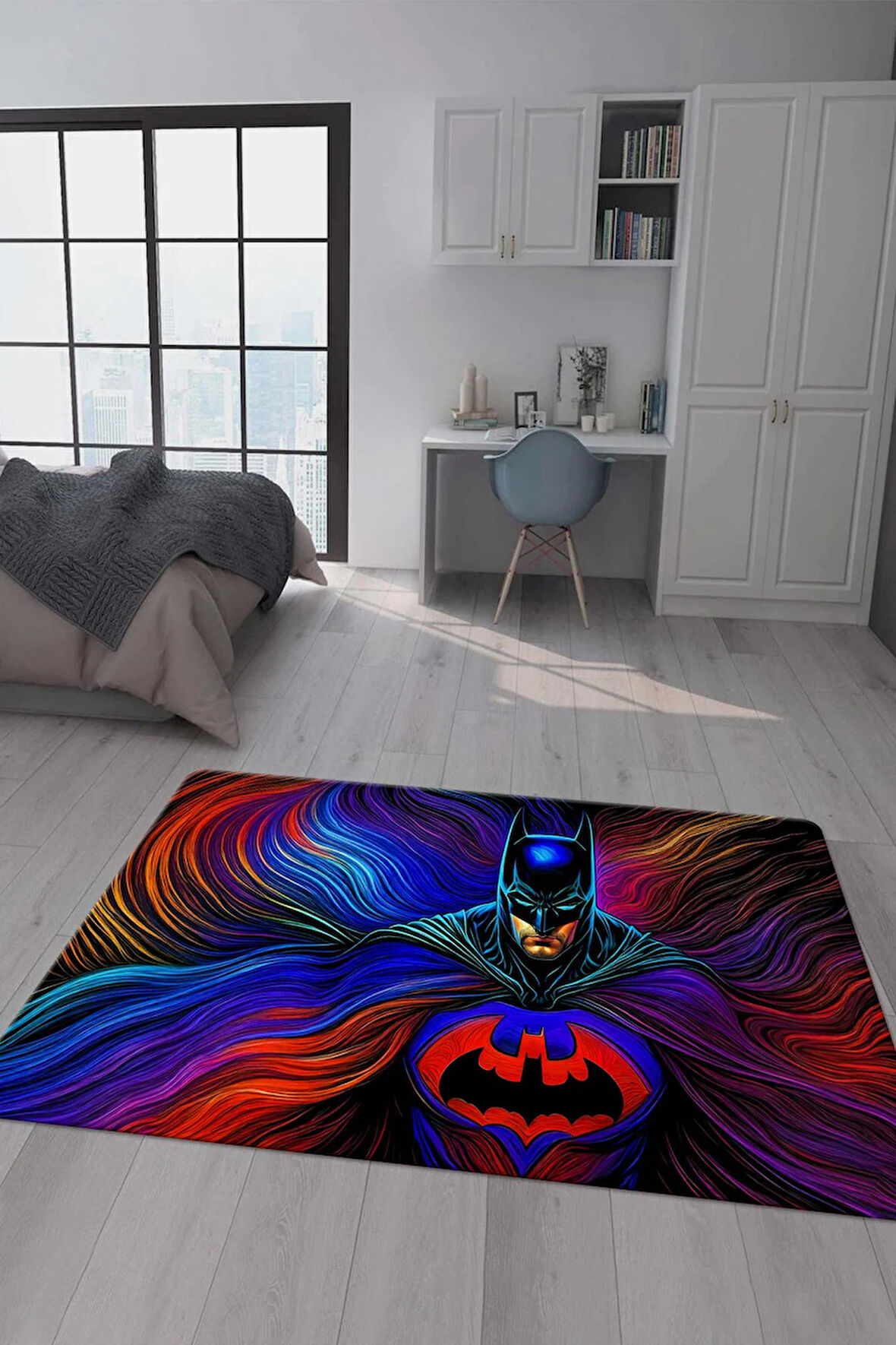 Kaymaz Taban Makinada Yıkanabilir Dijital Baskı Batman Desenli Çocuk Odası Halısı Dot Taban Halı RHR02