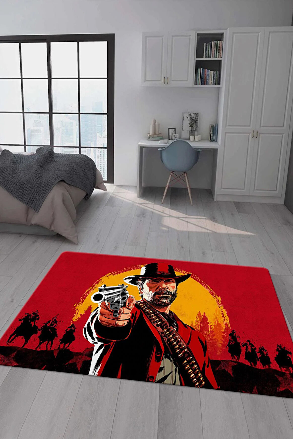Kaymaz Taban Makinada Yıkanabilir Dijital Baskı RDR2 Desenli Çocuk Odası Halısı Dot Taban Halı BRK10