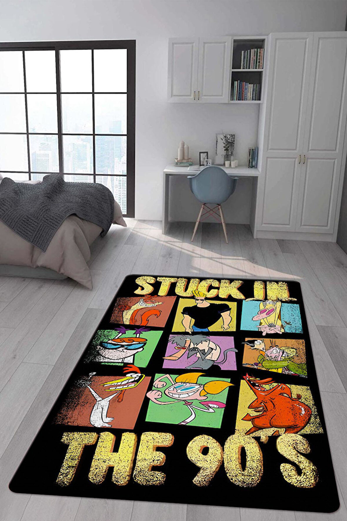Kaymaz Taban Makinede Yıkanabilir Dijital Baskı Retro Desenli Çocuk Genç Odası Halısı Dot Taban Halı Rtr25