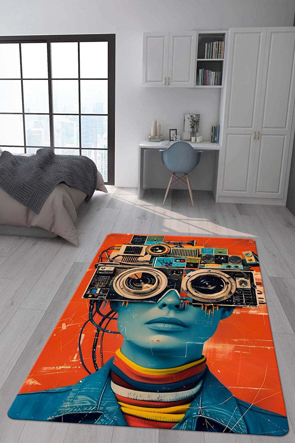 Kaymaz Taban Makinede Yıkanabilir Dijital Baskı Retro Desenli Çocuk Genç Odası Halısı Dot Taban Halı Rtr29