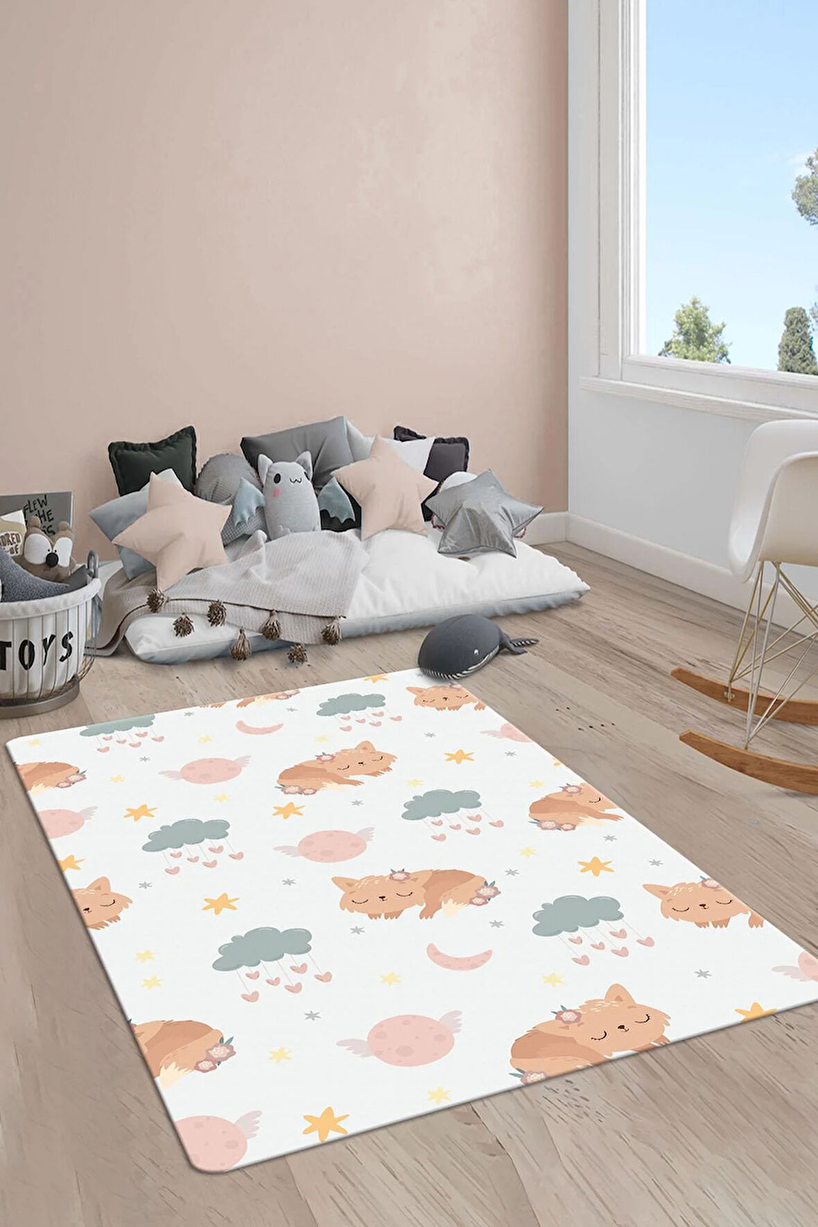 Kaymaz Taban Makinada Yıkanabilir Dijital Baskı Tatlı Kedi Desenli Çocuk Odası Halısı Dot Taban Halı RB09