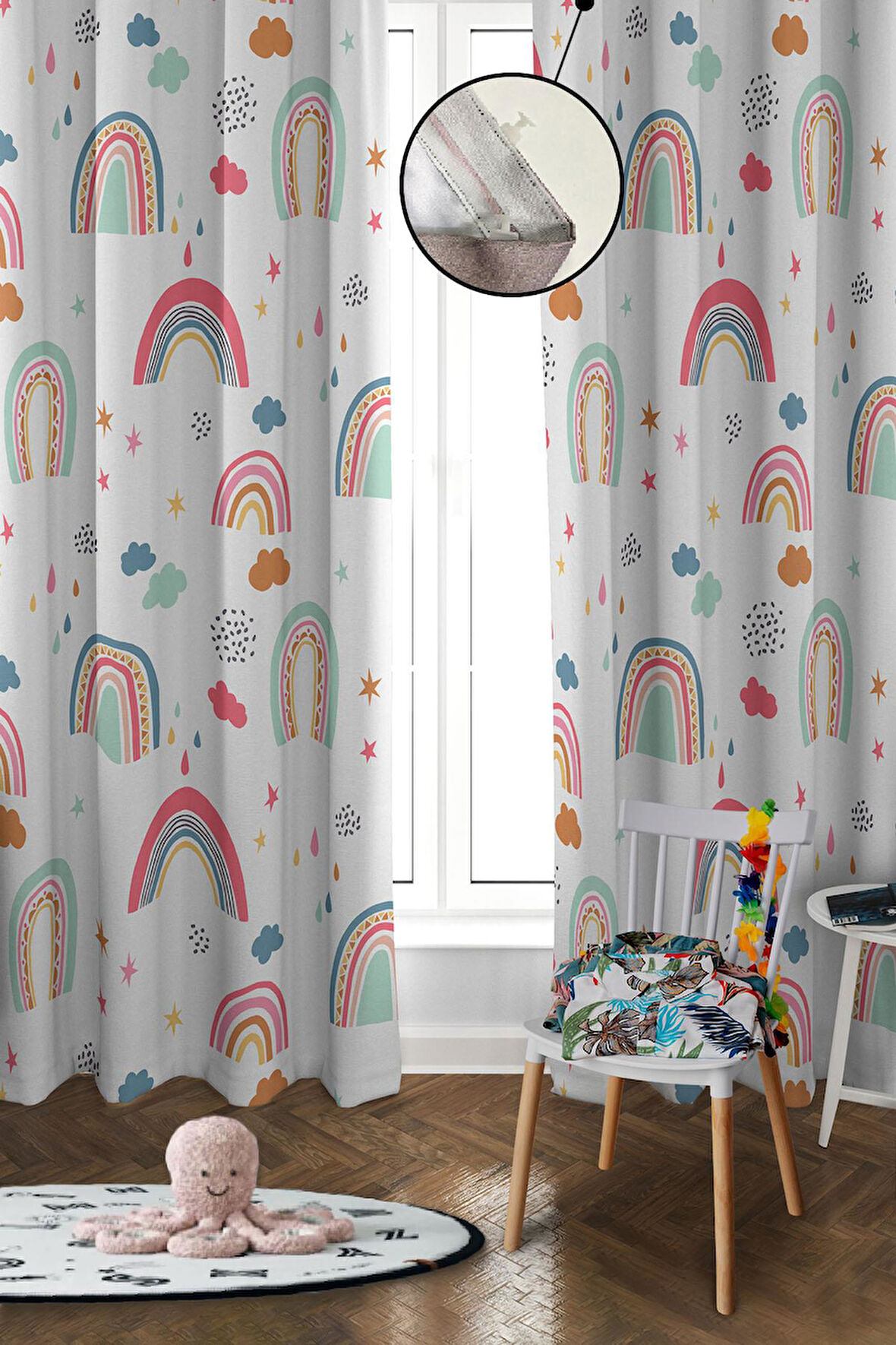 Dijital Baskı Yıkanabilir Dekoratif Modern Desenli 2 Kanat Bebek ve Çocuk Odası Fon Perdesi RB01