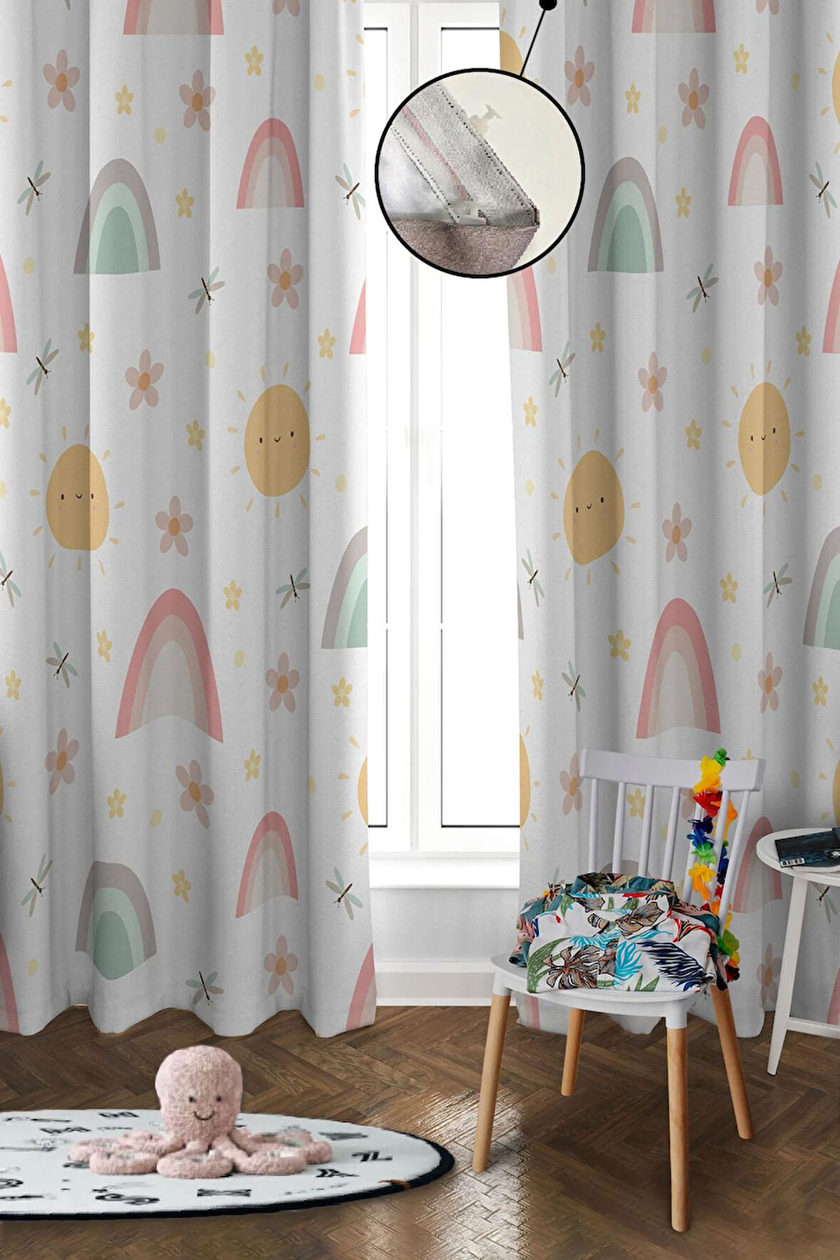 Dijital Baskı Yıkanabilir Dekoratif Modern Desenli 2 Kanat Bebek ve Çocuk Odası Fon Perdesi RB04