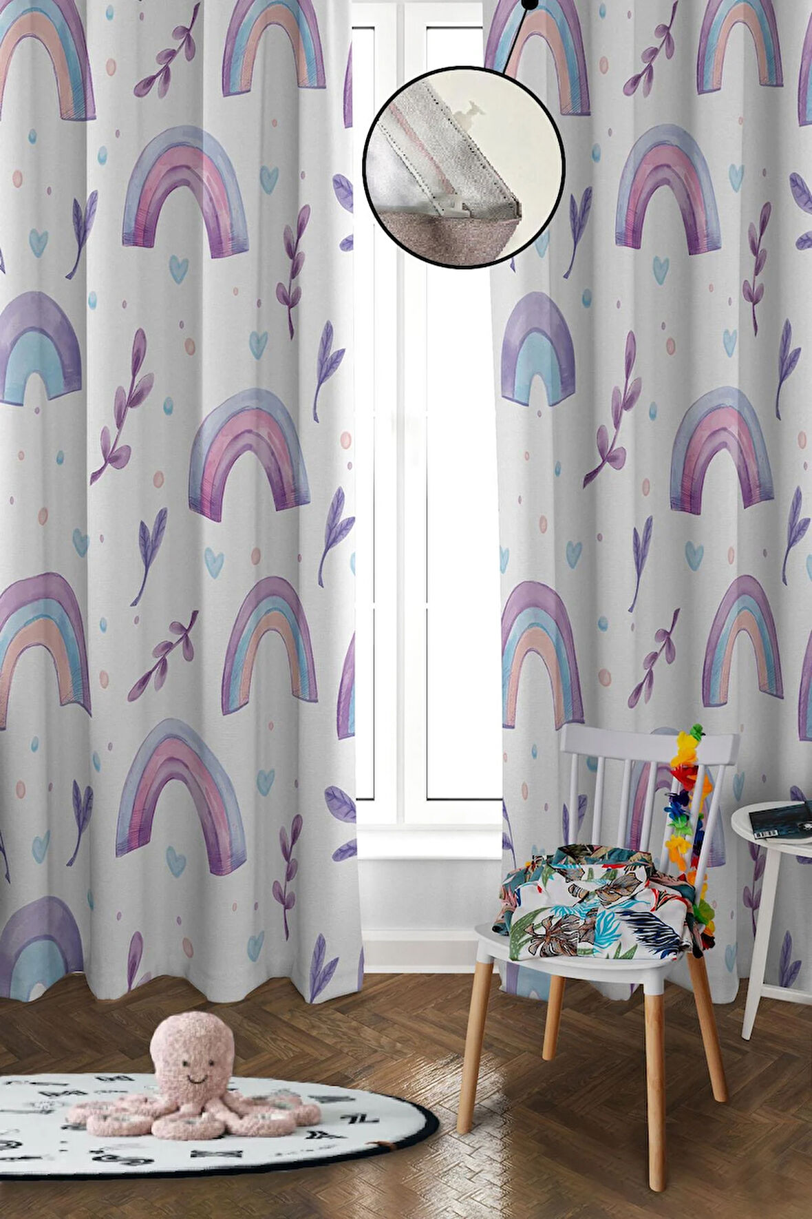 Dijital Baskı Yıkanabilir Dekoratif Modern Desenli 2 Kanat Bebek ve Çocuk Odası Fon Perdesi RB05