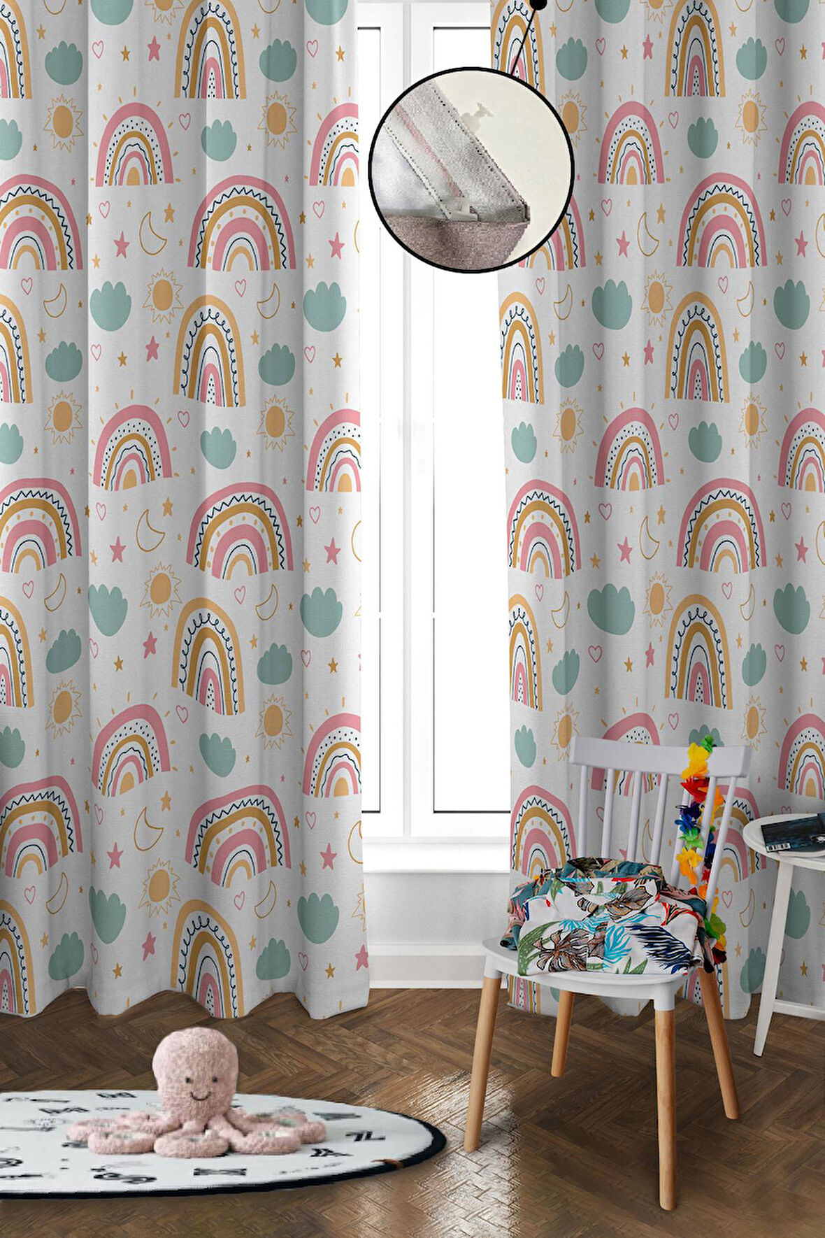 Dijital Baskı Yıkanabilir Dekoratif Modern Desenli 2 Kanat Bebek ve Çocuk Odası Fon Perdesi RB06
