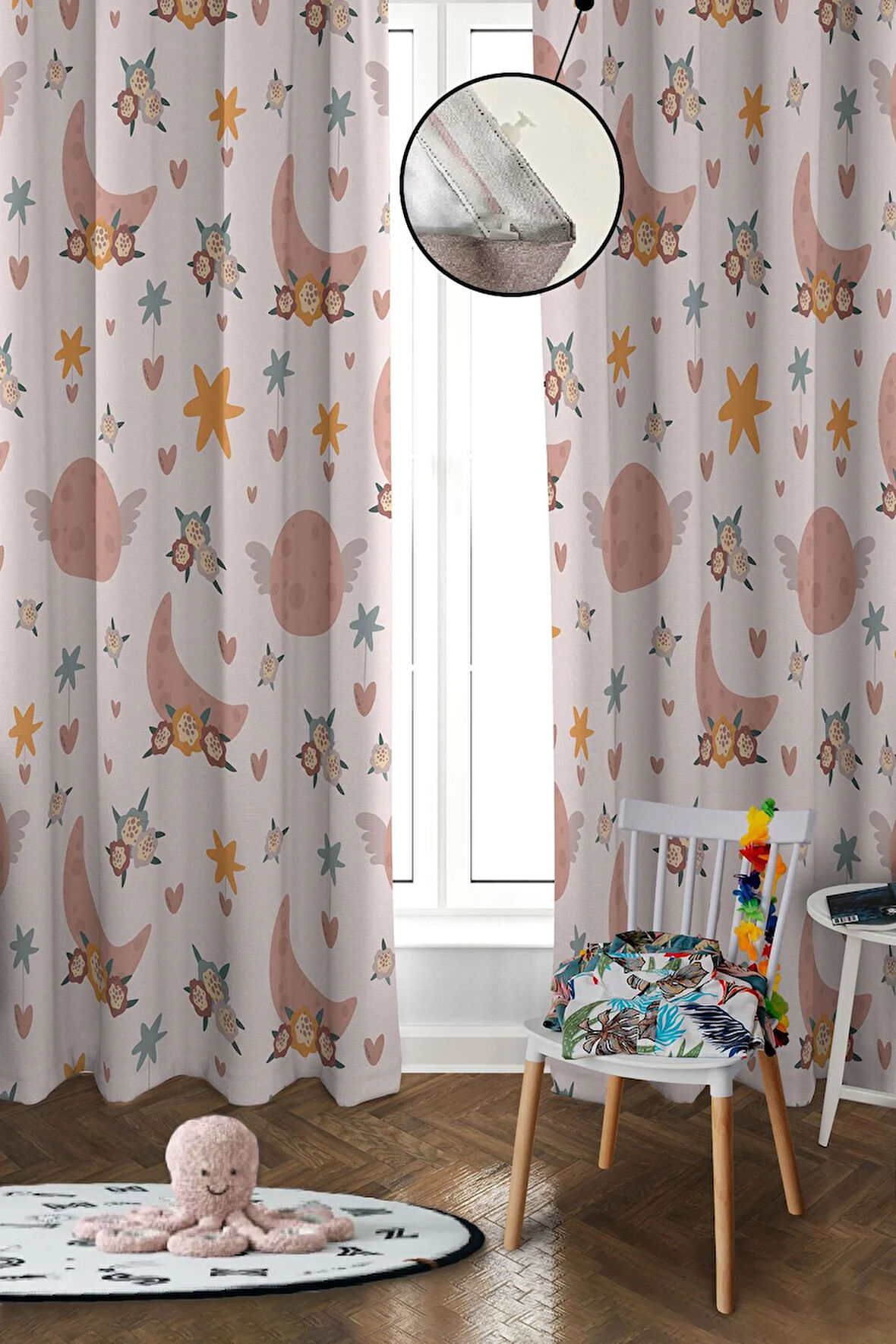Dijital Baskı Yıkanabilir Dekoratif Modern Desenli 2 Kanat Bebek ve Çocuk Odası Fon Perdesi RB07