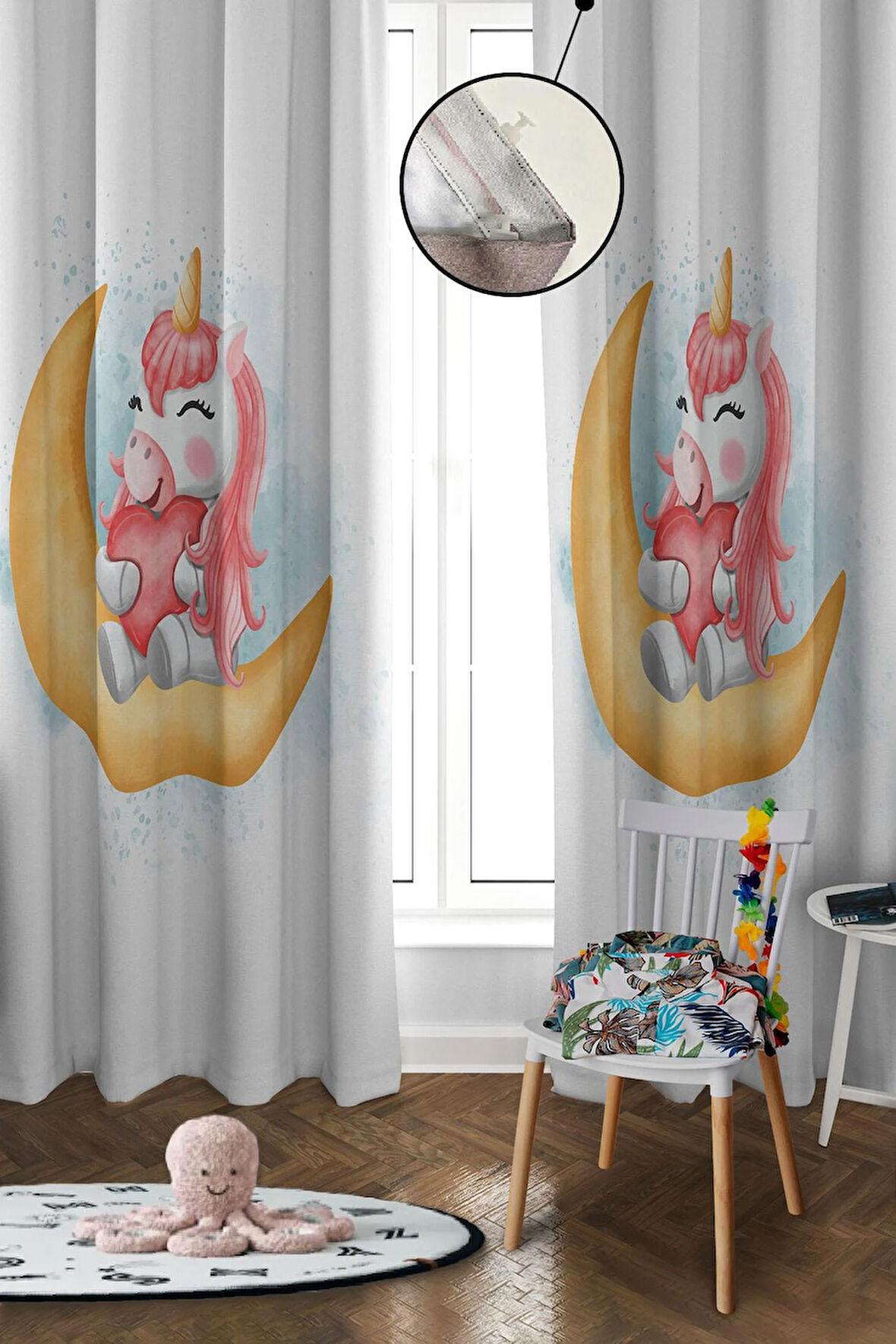 Dijital Baskı Yıkanabilir Dekoratif Modern Desenli 2 Kanat Bebek ve Çocuk Odası Fon Perdesi RB08