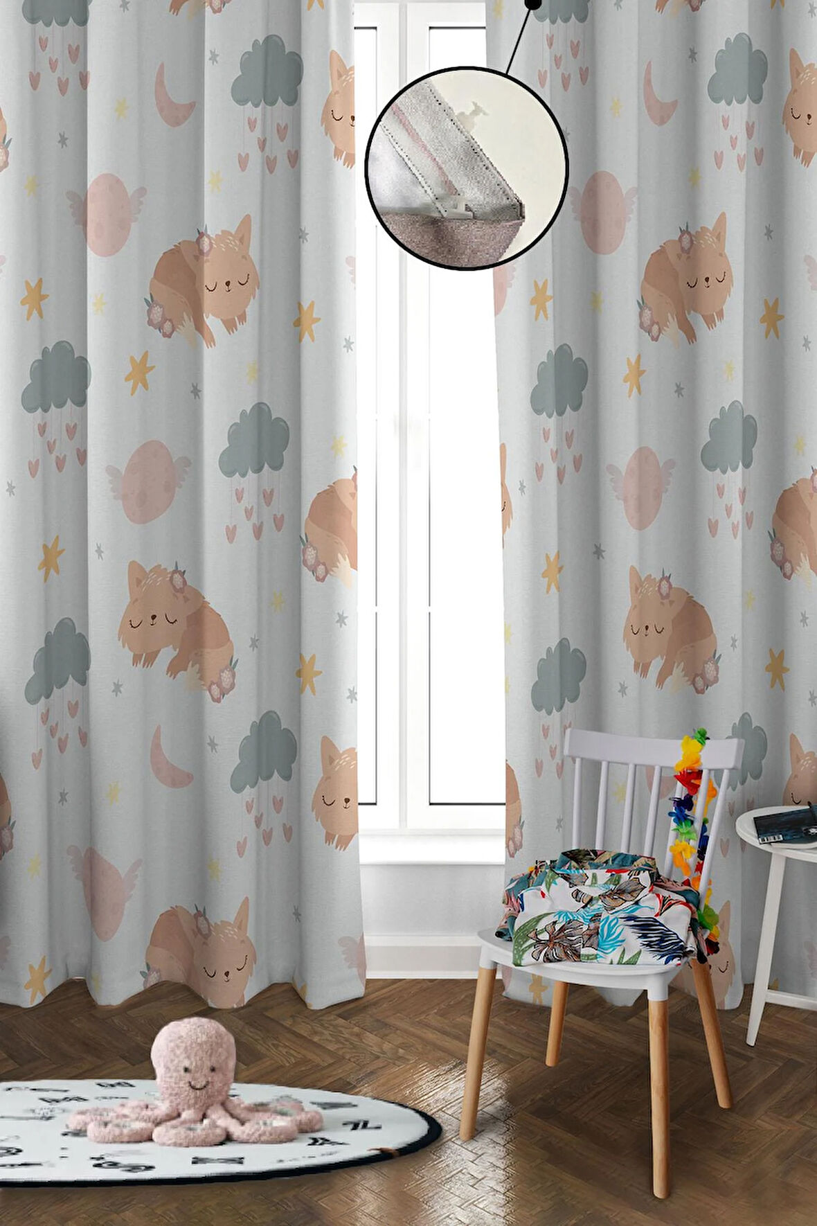 Dijital Baskı Yıkanabilir Dekoratif Modern Desenli 2 Kanat Bebek ve Çocuk Odası Fon Perdesi RB09