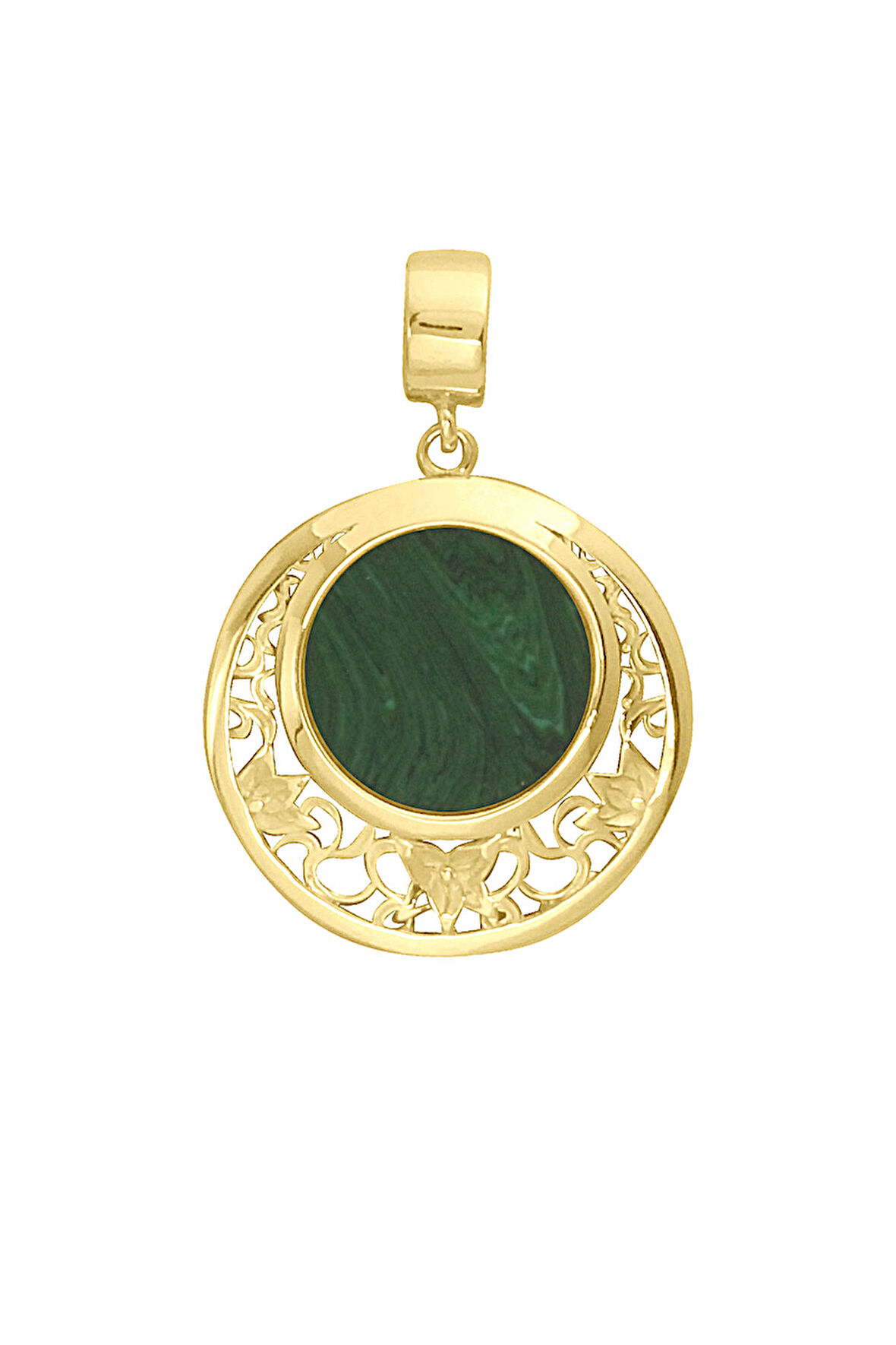 Büyük Boy Yeşil Mineli Altın Yuvarlak Etnik Kolye