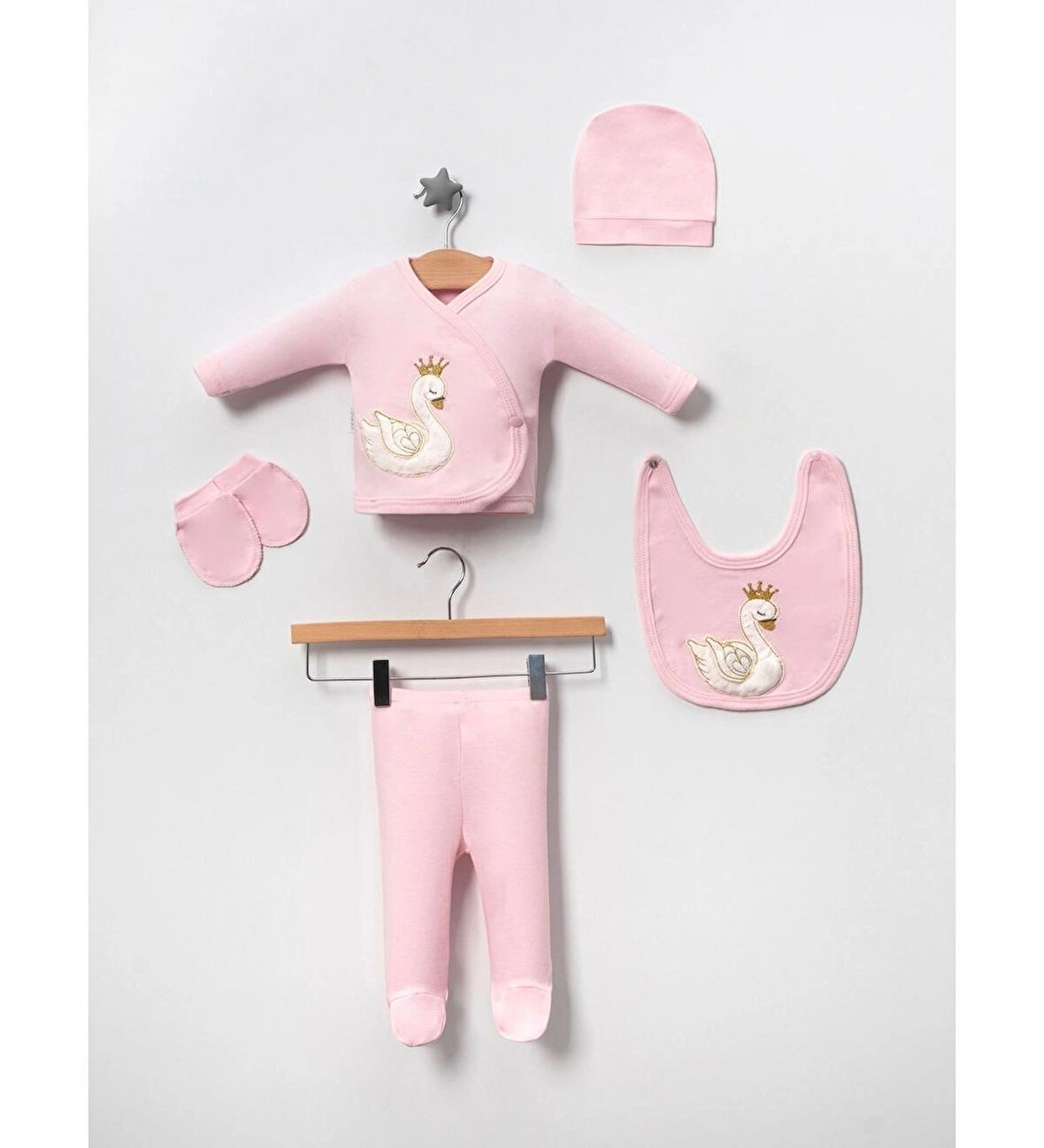 Kız Bebek Kuğu Desenli Pembe 5li Hastane Çıkışı