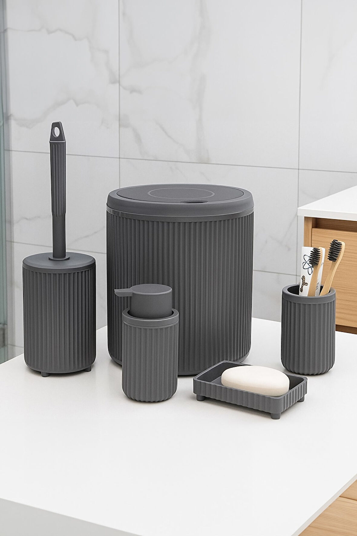 Lines Serisi Gri Banyo Seti, 5 Parça Lüks Akrilik Çöp Kovası, Fırça, Sabunluk Banyo Aksesuar Seti 33