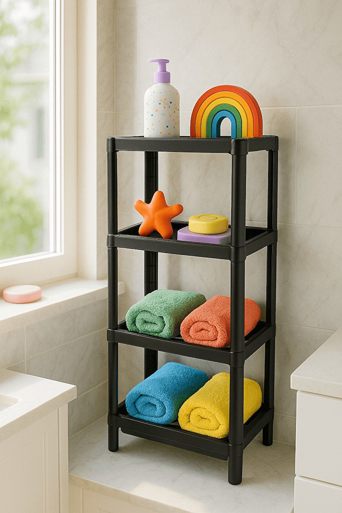 Flex Elite Pro 4 Katlı Mat Siyah Çok Amaçlı Raf Ünitesi – Banyo ve Mutfak Düzenleyici Raf & Organize