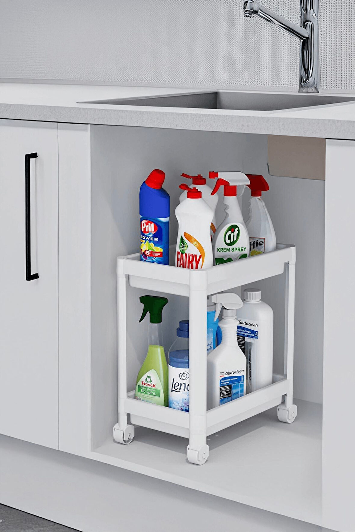 Flex Elite Pro 2 Katlı Beyaz Tekerlekli Çok Amaçlı Banyo & Mutfak Düzenleyici Raf - Evye Altı Deterj