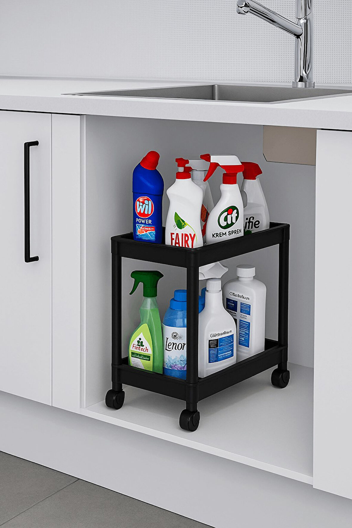 Flex Elite Pro 2 Katlı Siyah Tekerlekli Çok Amaçlı Banyo & Mutfak Düzenleyici Raf – Evye Altı Deterj