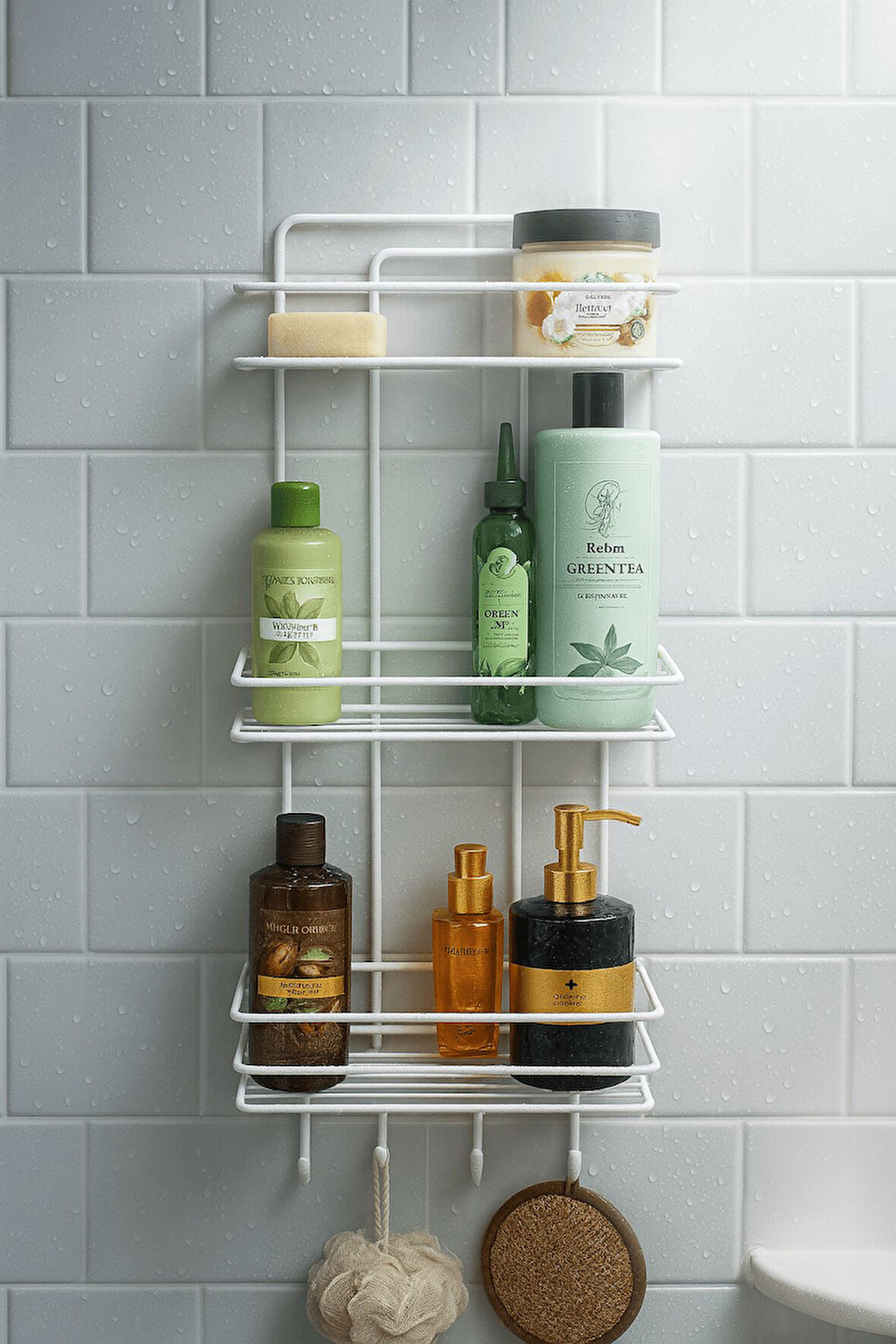 Paslanmaz Beyaz Yapışkanlı Banyo Duş Rafı Şampuanlık 3 Katlı, 4 Kancalı, Dayanıklı, Şık Düzenleyici 