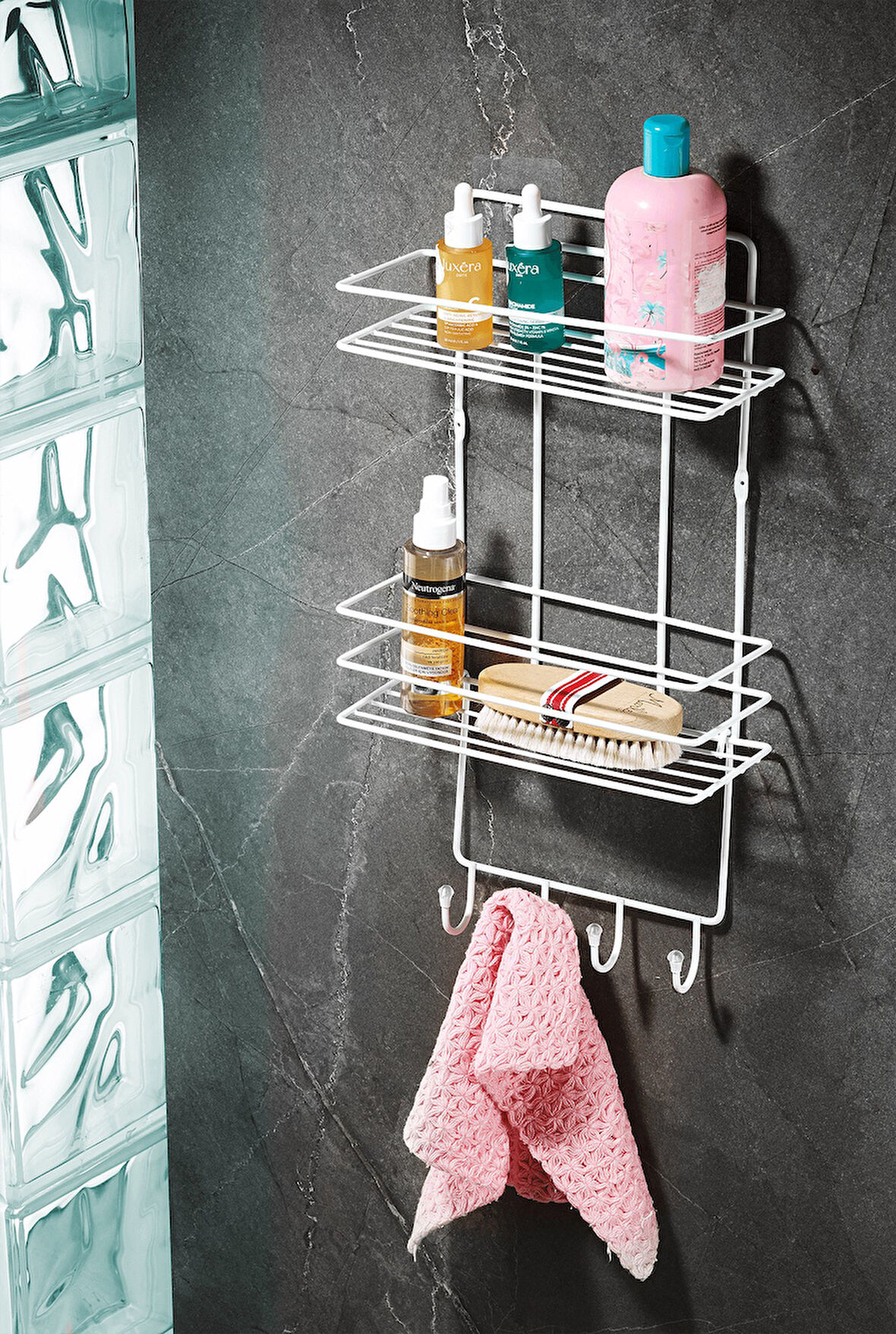 2 Katlı Beyaz Kancalı Banyo Duş Rafı, Şampuanlık, Lif/Kese Askılı, Paslanmaz Metal, Banyo Düzenleyic