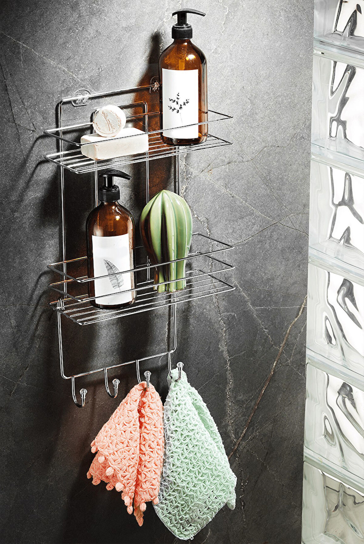 2 Katlı Krom Kancalı Banyo Duş Rafı, Şampuanlık, Lif/Kese Askılı, Paslanmaz Metal, Banyo Düzenleyici