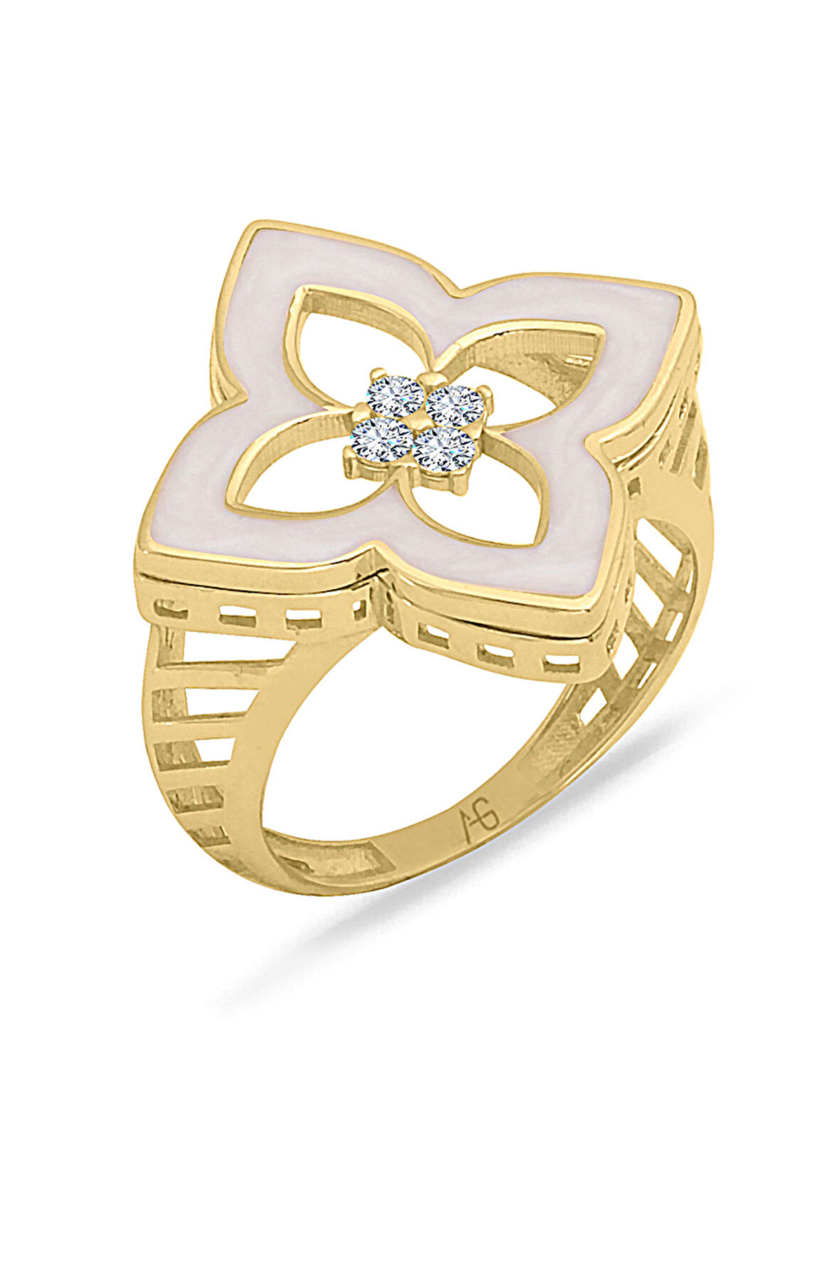 Altın Beyaz Mineli Yonca Yüzük