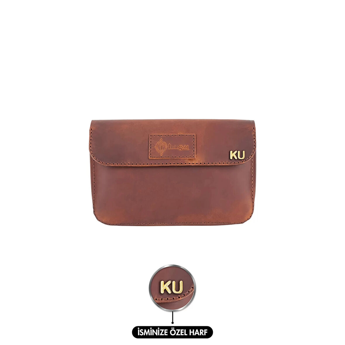 İsme Özel Çıtçıtlı El Çantası - %100 Crazy Deri - Taba