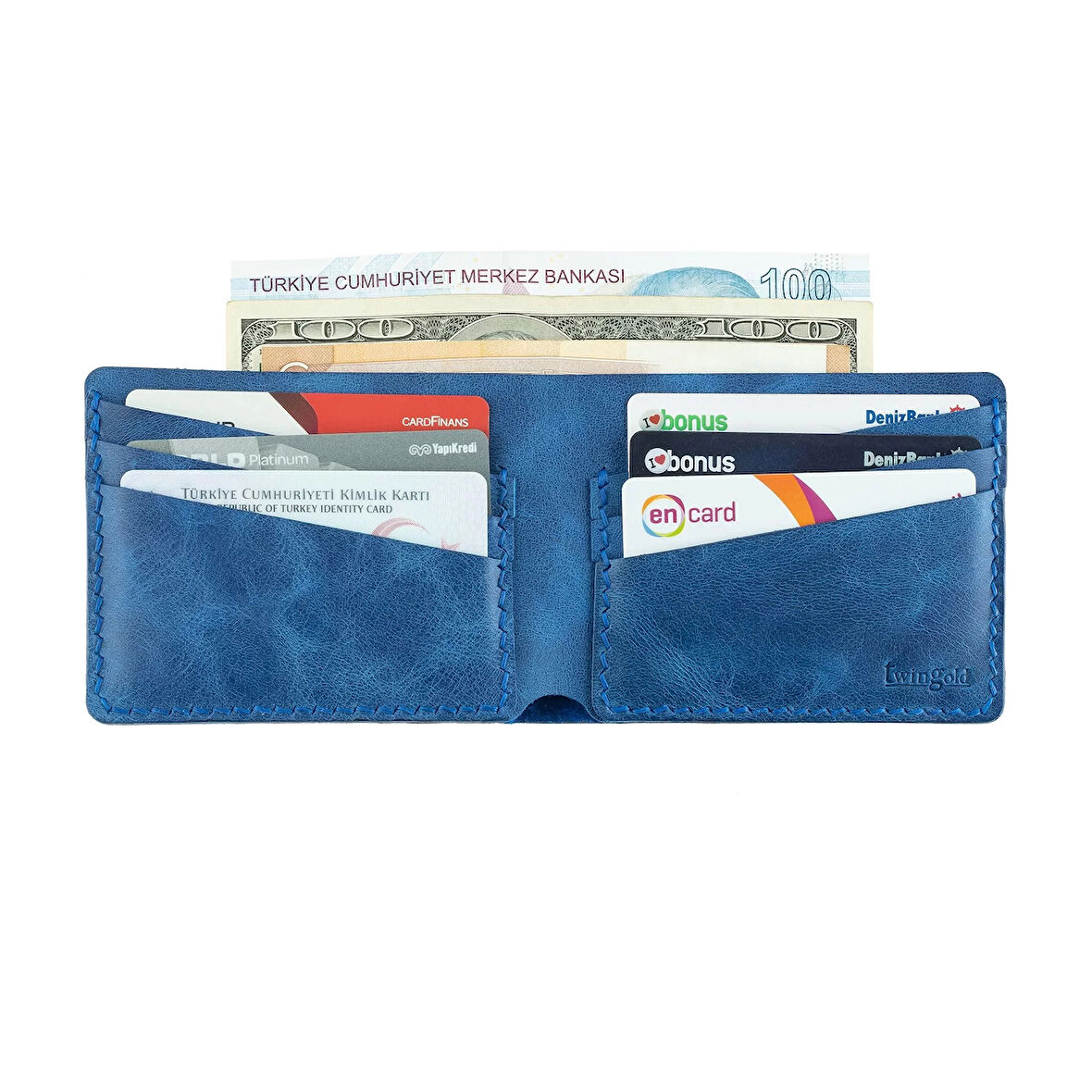 İsme Özel Yatay Klasik Cüzdan -  %100 Rainbow Deri - Saks Mavisi