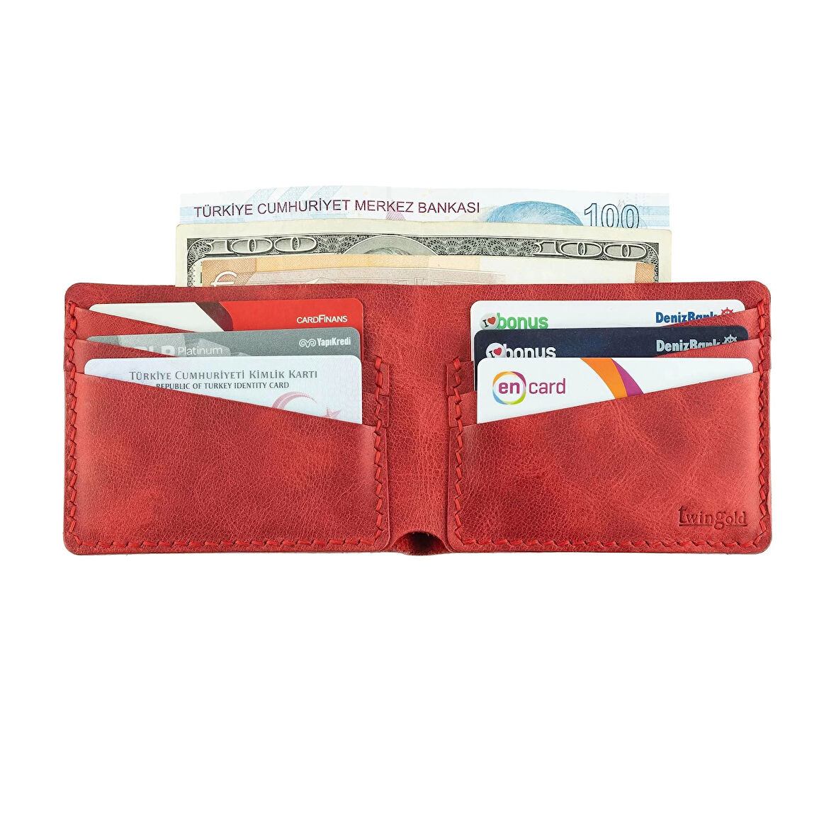 İsme Özel Yatay Klasik Cüzdan -  %100 Rainbow Deri - Kırmızı