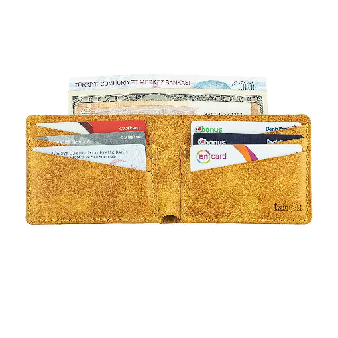 İsme Özel Yatay Klasik Cüzdan -  %100 Rainbow Deri - Hardal Sarısı