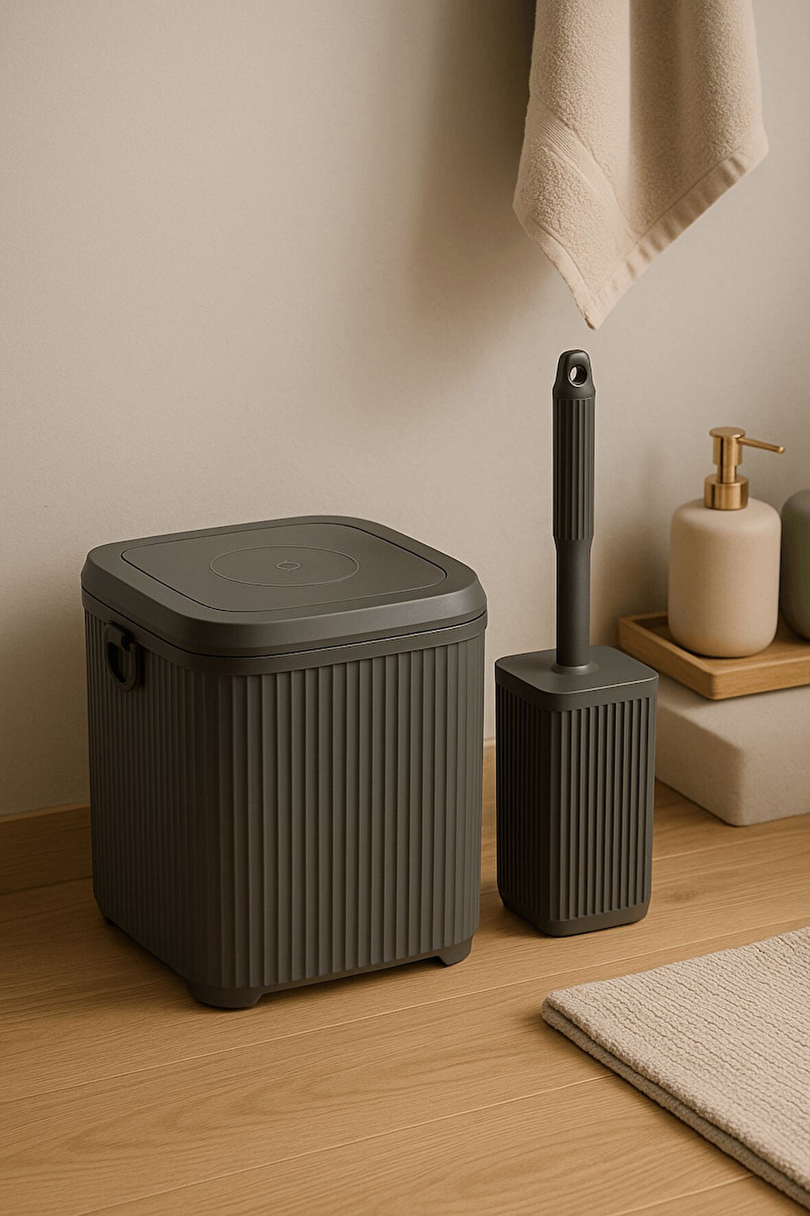 Lines Serisi Gri 2'li Banyo Seti, Akrilik Kare 5 Litre Çöp Kovası, Tuvalet Fırçası Takımı 3460